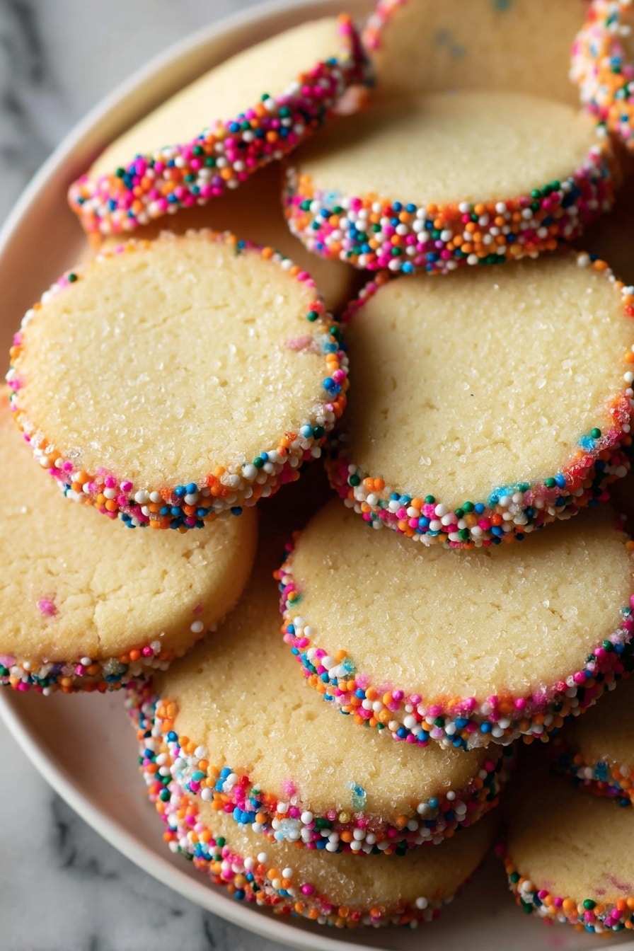 A close-up view of several round shortbread cookies stacked together on a white marbled surface. The cookies are light golden brown with a slightly crumbly texture. Some cookies have colorful round sprinkles around their edges, creating a bright mix of red, blue, pink, yellow, orange, and purple dots on the sides. One cookie on top shows a bite taken out, revealing a dense, soft inside. The focus is sharp on the bitten cookie and the sprinkled edges, with the rest softly blurred in the background. Photo taken with an iphone --ar 2:3 --v 7 - Buttery Sugar Cookies, classic sugar cookies, tender buttery cookies, easy cookie recipe, holiday sugar cookies