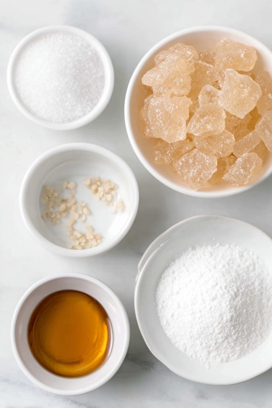 Flat lay of unflavored gelatin sheets arranged flat and translucent, a small white ceramic bowl of granulated sugar sparkling in natural light, a small white bowl filled with light golden corn syrup, a few grains of coarse kosher salt scattered beside a tiny white bowl, a small white bowl with clear room temperature water, a small white bowl holding pale amber pure vanilla extract, and a shallow white dish generously dusted with fine white powdered sugar, all perfectly spaced and balanced, placed on a clean white marble surface, soft natural light, photo taken with an iPhone, professional food photography style, fresh ingredients, white ceramic bowls, no bottles, no duplicates, no utensils, no packaging --ar 2:3 --v 7 --p m7354615311229779997 - Homemade Fluffy Marshmallows, fluffy marshmallow recipe, easy marshmallow recipe, homemade marshmallows, marshmallow tutorial