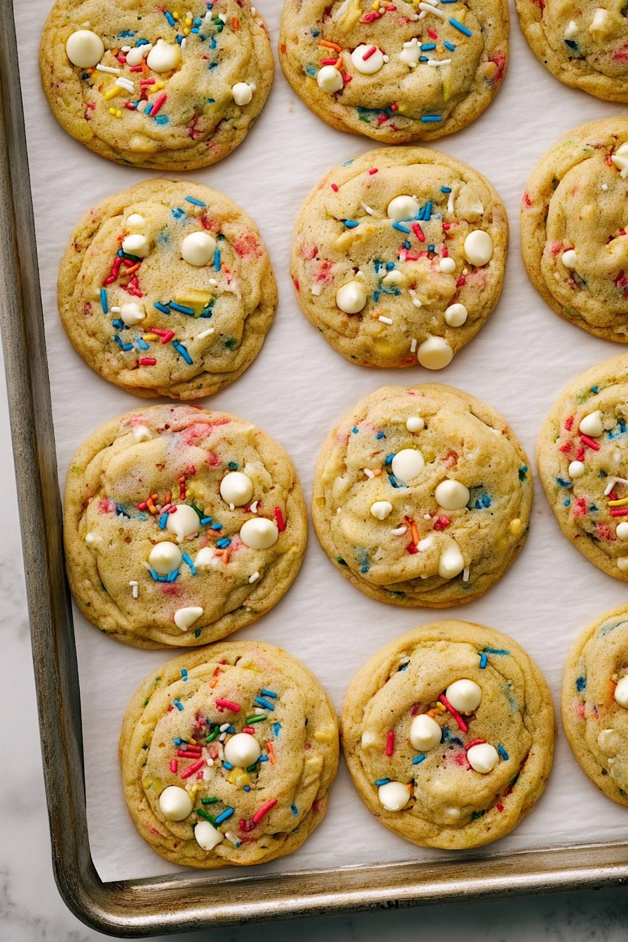 The image shows a metal baking tray lined with white parchment paper holding twelve round cookies. Each cookie is golden brown with a soft texture, scattered with colorful small sprinkles in red, blue, yellow, and green, adding bright spots throughout. There are also white chocolate chips on top, some chips slightly melted and others whole, distributed unevenly over the cookies. The cookies are closely placed, touching at the edges in a slightly irregular pattern. The surface under the tray is a white marbled texture. photo taken with an iphone --ar 2:3 --v 7 - Funfetti Cheesecake Pudding Cookies, colorful birthday cookies, easy cheesecake cookies, soft rainbow sprinkle cookies, funfetti dessert recipes