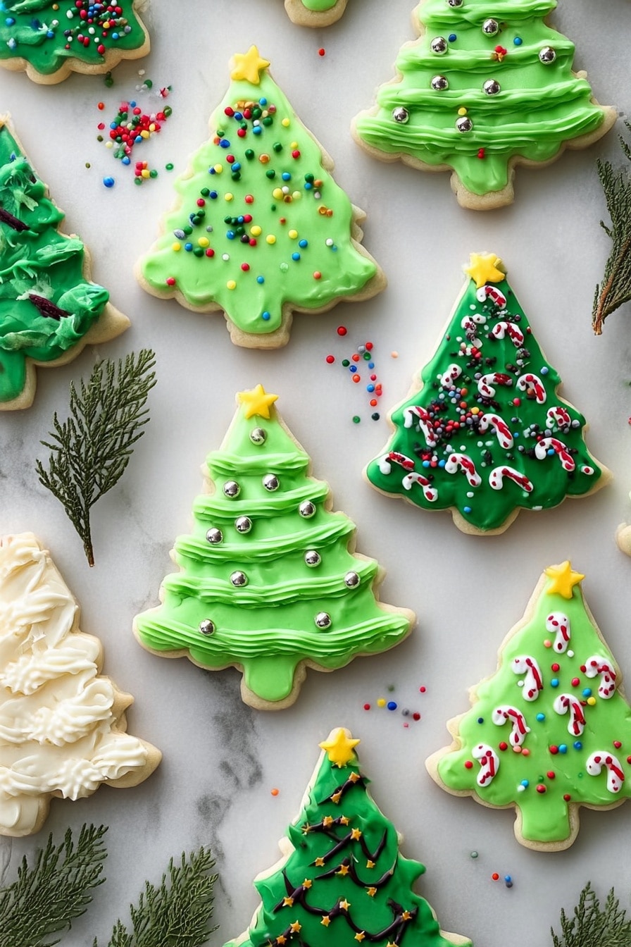 A Christmas tree-shaped cookie with a base layer of light tan cookie, covered by a thick layer of textured green frosting that resembles pine needles. The tree is decorated with a string of smooth black icing representing garland wrapped diagonally across, dotted with small round candy lights in red, yellow, blue, and orange colors. At the top of the tree is a small yellow star made from icing. The cookie lies on a white marbled surface, with small round red, green, and other colorful sprinkles scattered around. Photo taken with an iphone --ar 2:3 --v 7 - Christmas Tree Sugar Cookies with Cream Cheese Frosting, festive holiday cookies, Christmas cookie decorating ideas, easy Christmas sugar cookies, holiday treat recipes