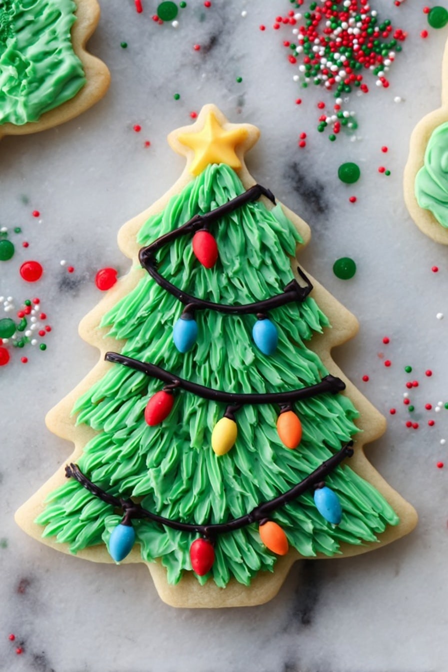The image shows a Christmas tree-shaped cookie on a white marbled surface. The cookie has three layers of light green frosting with a textured, wavy pattern, forming the branches. The top layer is decorated with a small yellow star. There are small candy cane shapes in red and white, silver balls, and green holly leaves with red dots spread evenly across the frosting. Around the cookie, there are small candy decorations, some shaped like stars and dots, and a few sprigs of rosemary on the left side. Photo taken with an iphone --ar 2:3 --v 7 - Christmas Tree Sugar Cookies with Cream Cheese Frosting, festive holiday cookies, Christmas cookie decorating ideas, easy Christmas sugar cookies, holiday treat recipes
