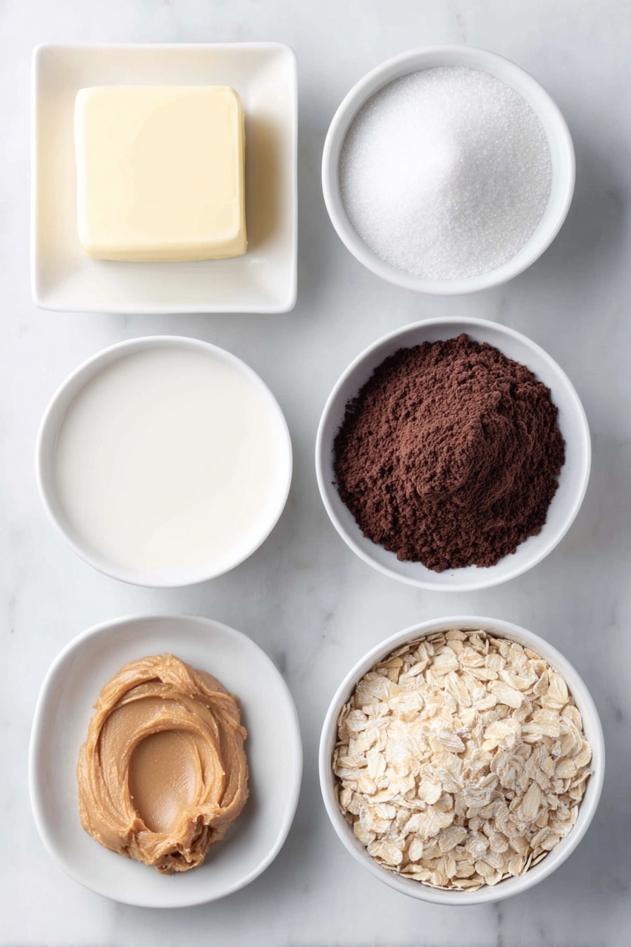 Flat lay of a small square of unsalted butter, a simple white ceramic bowl filled with granulated sugar, a small white bowl holding smooth milk, a small white bowl of dark brown cocoa powder, a dollop of creamy peanut butter on a white plate, a simple white ceramic bowl heaped with quick oats, and a small white bowl containing clear vanilla extract placed in perfect symmetry, all fresh and natural, placed on a clean white marble surface, soft natural light, photo taken with an iPhone, professional food photography style, fresh ingredients, white ceramic bowls, no bottles, no duplicates, no utensils, no packaging --ar 2:3 --v 7 --p m7354615311229779997 - No Bake Cocoa Peanut Butter Cookies, peanut butter chocolate cookies, no bake dessert recipes, quick no bake cookies, fudgy peanut butter treats