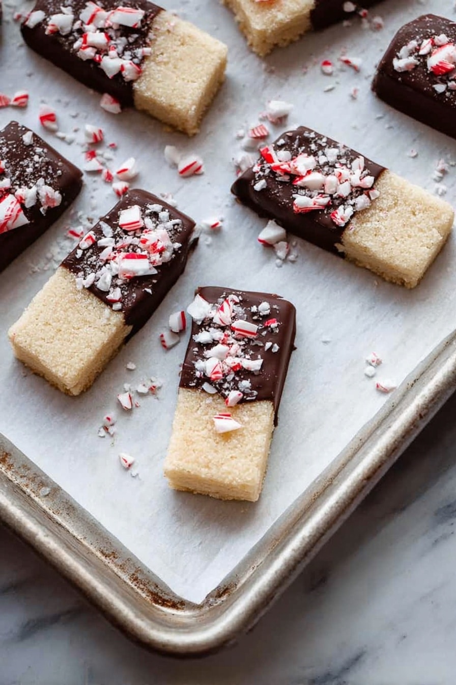 The image shows several rectangular cookies on a white plate with a textured pattern, placed on a white marbled surface. Each cookie has two layers: the bottom layer is a light golden-brown cookie, and the top layer is a thick, smooth dark chocolate coating covering about half of the cookie’s length. Crushed white and red peppermint pieces are sprinkled generously over the dark chocolate layer, adding texture and color contrast. The cookies are arranged in a slightly overlapping way, creating a cozy and inviting look. photo taken with an iphone --ar 2:3 --v 7 - Chocolate Peppermint Shortbread Cookies, holiday shortbread cookies, festive peppermint cookies, chocolate peppermint treats, easy holiday cookies