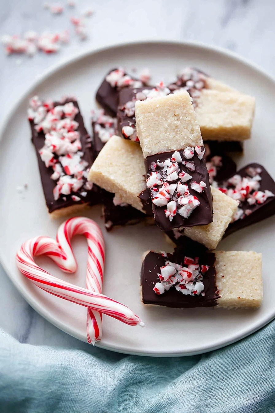 The image shows a white plate with several shortbread cookie bars stacked on it. Each bar is thick and pale beige with a smooth texture. One end of each bar is dipped in dark chocolate, which looks shiny and smooth, covering the top one-third of the bar. On top of the chocolate, there are small pieces of crushed red and white candy canes scattered all over, adding a crunchy texture and bright spots of color. Next to the plate, two whole candy canes are placed side by side forming a heart shape. The plate is placed on a white marbled surface with a soft blue cloth partially visible near the bottom left corner. photo taken with an iphone --ar 2:3 --v 7 - Chocolate Peppermint Shortbread Cookies, holiday shortbread cookies, festive peppermint cookies, chocolate peppermint treats, easy holiday cookies