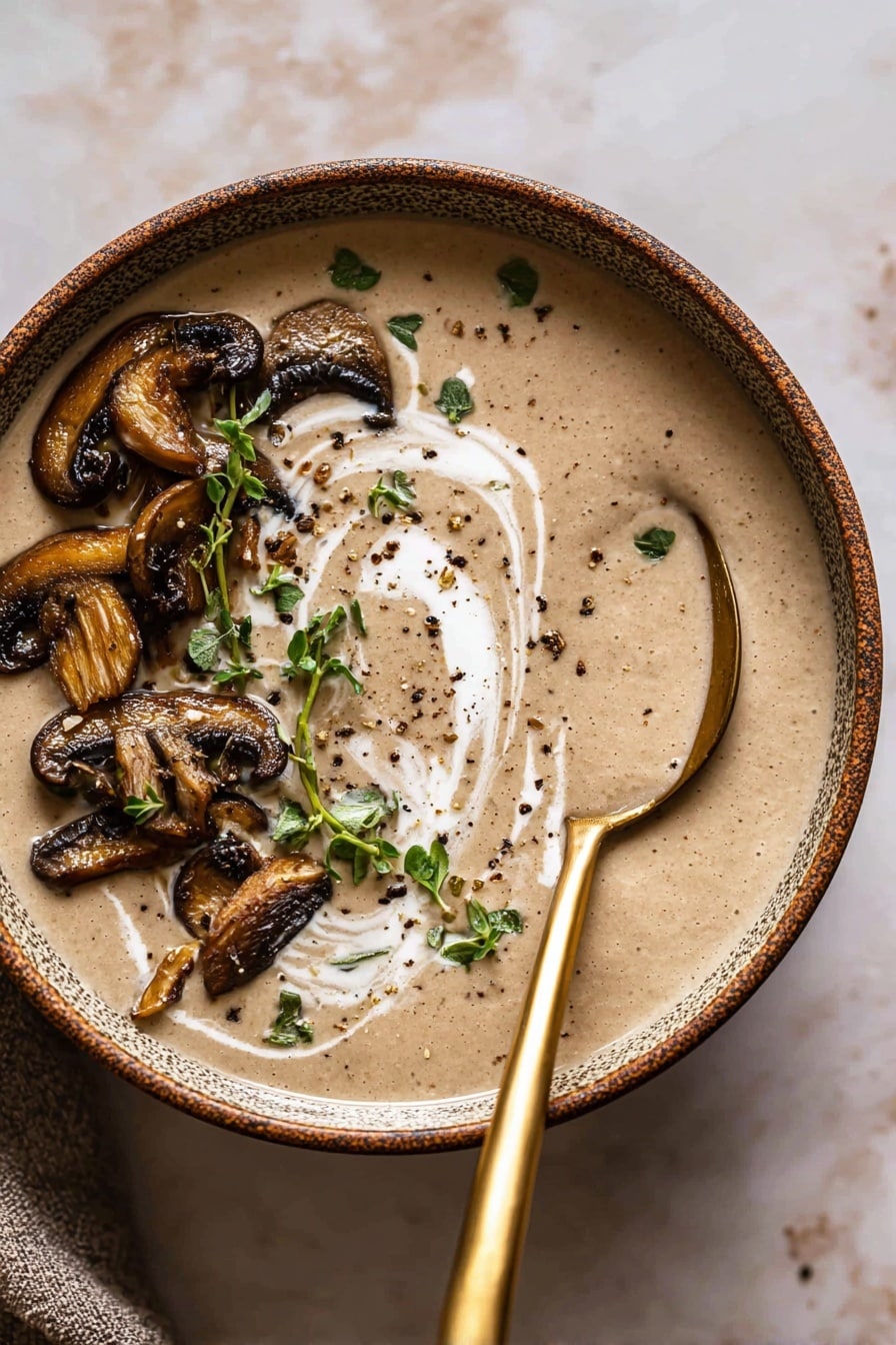 A bowl of creamy mushroom soup with a light beige smooth base, topped with sautéed dark brown sliced mushrooms on the left side. A swirl of white cream is mixed gently into the soup near the mushrooms. Fresh small green herb leaves and coarse black pepper are scattered on top, adding contrast. A gold spoon on the right side of the bowl holds some of the thick soup. The bowl has a rustic brown edge and sits on a white marbled surface. photo taken with an iphone --ar 2:3 --v 7 - Creamy Mushroom Bisque, mushroom bisque, creamy mushroom soup, easy mushroom bisque, velvety mushroom soup