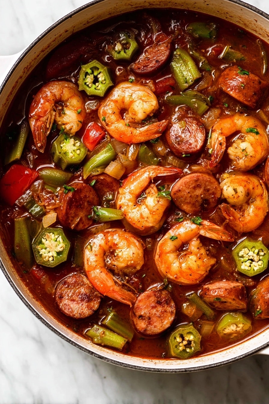 This image shows a stew with several layers and ingredients. The first layer is a rich, dark reddish-brown broth that fills the pot and has a glossy texture. Floating on top are bright orange shrimp, plump and firm, each with a slight curve and subtle highlights. Scattered evenly among the shrimp are thick, dark brown slices of sausage with a slightly rough texture and edges visible. There are also many round slices of green okra with visible seeds inside, giving a cross-section look with light green centers and darker edges. Small chunks of red and green vegetables, likely bell peppers and onions, are mixed in, adding more color and texture variety. The entire dish is inside a white pot on a white marbled surface, with no other items visible. photo taken with an iphone --ar 2:3 --v 7 - Authentic New Orleans Shrimp and Sausage Gumbo, Cajun shrimp gumbo recipe, Southern comfort food recipes, homemade gumbo with sausage and shrimp, traditional Louisiana gumbo