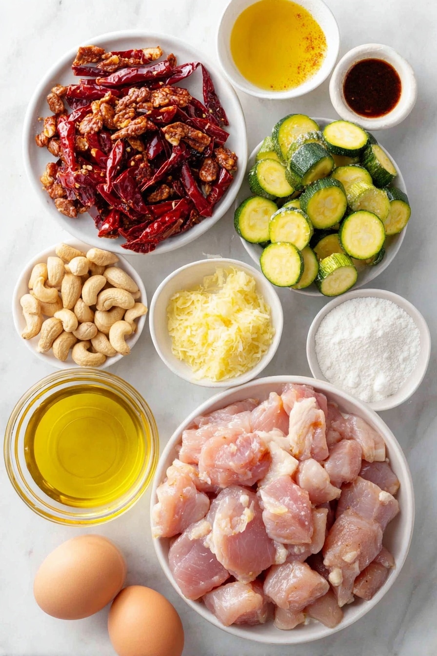 Flat lay of cubed raw boneless skinless chicken breasts, a whole red bell pepper chopped into large pieces, a medium zucchini cut into chunks, a small heap of roasted cashews, several whole dried red chili peppers, a few cloves of fresh garlic, a knob of fresh ginger root with some grated pieces nearby, a small white bowl of honey, a small white bowl of hoisin sauce, a small white bowl of low-sodium soy sauce, two whole brown eggs with clean shells, a small white bowl of olive oil, a small white bowl with cornstarch powder, a small white bowl of water, all arranged symmetrically on simple white ceramic dishes and bowls, placed on a clean white marble surface, soft natural light, photo taken with an iPhone, professional food photography style, fresh ingredients, white ceramic bowls, no bottles, no duplicates, no utensils, no packaging --ar 2:3 --v 7 --p m7354615311229779997 - Easy Slow Cooker Kung Pao Chicken, Slow Cooker Asian Chicken, Healthy Kung Pao Chicken, Quick Chinese Chicken Recipes, Easy Chicken Dinner