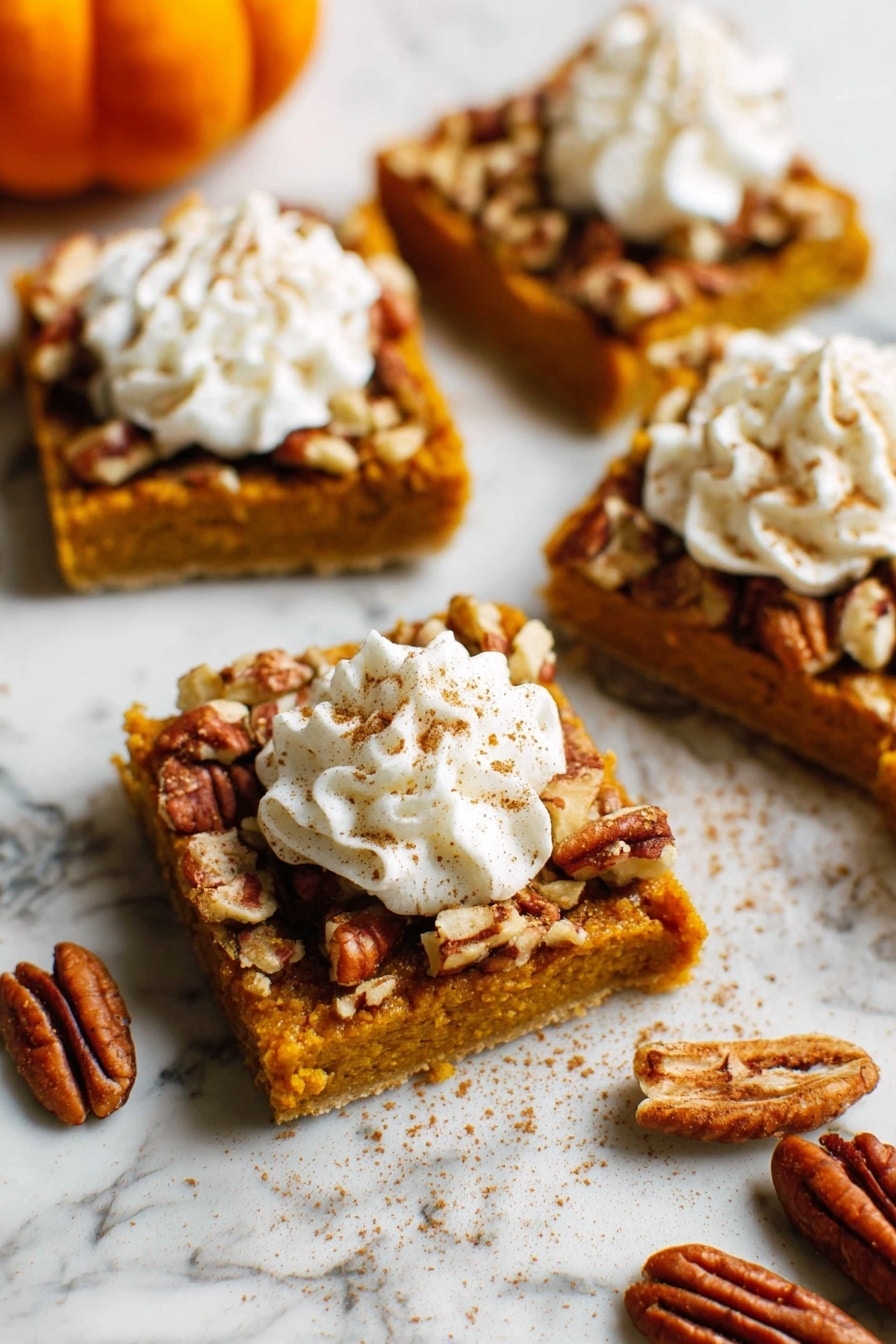 The image shows a tray filled with square pieces of golden-brown dessert bars topped with scattered chopped pecans. The bars have a slightly rough texture with visible nut pieces mixed into the surface. A woman’s hand is lifting one square piece from the tray, revealing the thickness of the bar, which is about one layer deep with a consistent golden color. The background is a white marbled texture, and the tray is metallic silver. Photo taken with an iphone --ar 2:3 --v 7 - Pumpkin Pecan Pie Bars, fall dessert recipes, easy pumpkin bar recipe, holiday dessert ideas, seasonal pie bars