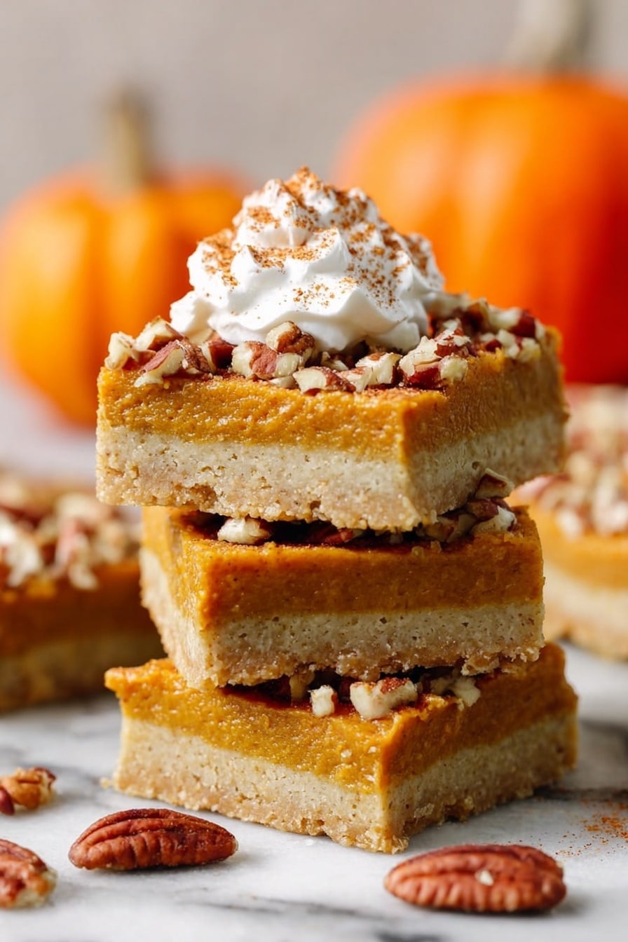 A stack of three square-shaped pumpkin dessert bars is shown on a white marbled surface. Each bar has two distinct layers: a slightly crumbly, pale beige base and a thick, smooth orange pumpkin layer on top. The top layer is sprinkled with small pieces of chopped pecans. The top bar is garnished with a dollop of whipped cream, lightly dusted with cinnamon. Scattered chopped pecans lie around the base of the stack, and two blurred orange pumpkins are in the background. photo taken with an iphone --ar 2:3 --v 7 - Pumpkin Pecan Pie Bars, fall dessert recipes, easy pumpkin bar recipe, holiday dessert ideas, seasonal pie bars