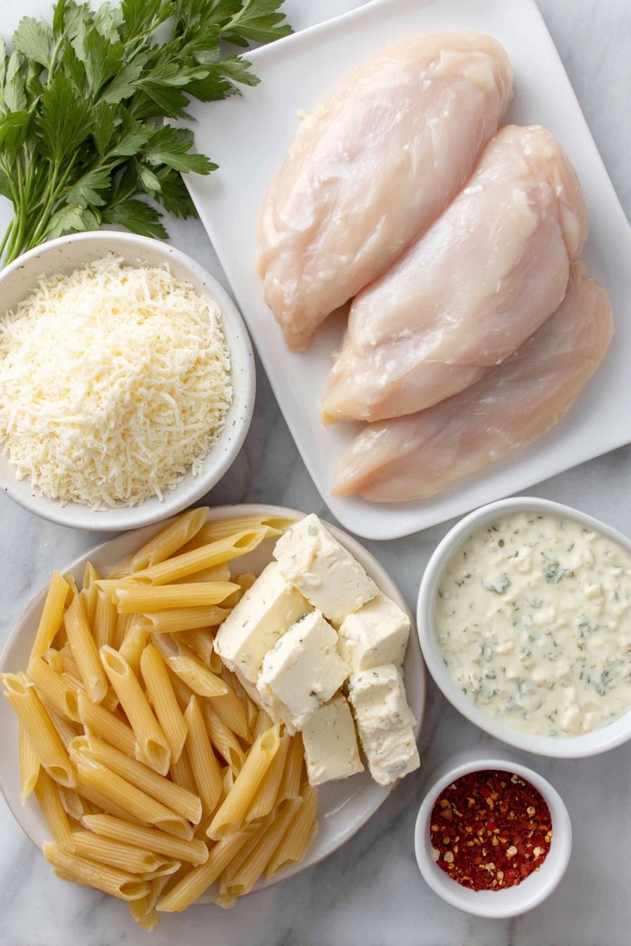 Flat lay of a few boneless skinless chicken breasts, cream cheese cut into chunks on a simple white ceramic plate, a small white bowl filled with creamy Parmesan garlic sauce, a small white bowl with grated Parmesan cheese, cooked dry penne pasta arranged neatly on a white ceramic dish, fresh green parsley sprigs, and a small white bowl with red pepper flakes, all placed on a clean white marble surface, soft natural light, photo taken with an iPhone, professional food photography style, fresh ingredients, white ceramic bowls, no bottles, no duplicates, no utensils, no packaging --ar 2:3 --v 7 --p m7354615311229779997 - Crockpot Garlic Parmesan Chicken Pasta, slow cooker chicken pasta, creamy garlic chicken pasta, easy crockpot chicken recipe, comforting chicken pasta dish