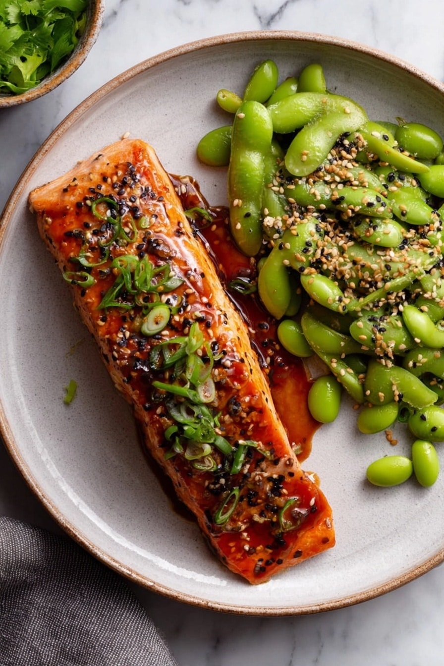 This image shows a piece of cooked salmon on a white plate with a brown rim, placed on a white marbled surface. The salmon has a shiny, glazed orange-brown top layer sprinkled with black and white sesame seeds and chopped green onions. The fish is flaking in texture where a silver fork presses into it from the left side. To the right of the salmon are bright green edamame pods with some seasoning and sesame seeds scattered nearby. A bowl with green onions is slightly visible in the top left corner. Photo taken with an iphone --ar 2:3 --v 7 - Miso Glazed Salmon, miso salmon recipe, healthy salmon recipes, easy salmon dinner, flavorful salmon dishes