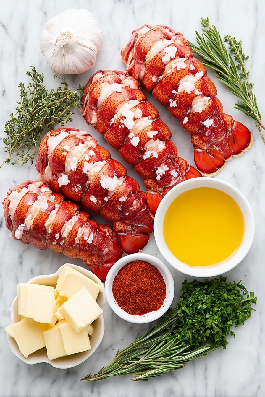 Flat lay of four whole lobster tails with intact shells, a small mound of coarse sea salt crystals, a few twists of black peppercorns, a small white ceramic bowl of golden melted butter, three whole garlic cloves with papery skins, a small white bowl filled with bright red paprika powder, a small white bowl of fresh green thyme sprigs, a small white bowl of fresh rosemary sprigs, and a small white bowl of chopped fresh parsley placed symmetrically around the ingredients, all arranged on a clean white marble surface, soft natural light, photo taken with an iPhone, professional food photography style, fresh ingredients, white ceramic bowls, no bottles, no duplicates, no utensils, no packaging --ar 2:3 --v 7 --p m7354615311229779997 - Perfect Garlic Butter Lobster Tails, lobster tail recipes, easy seafood dinner, garlic butter lobster, gourmet lobster meal