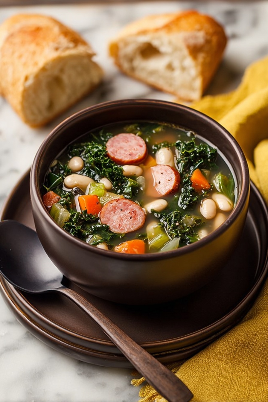 The image shows a close-up of a white pot filled with a clear broth soup. In the soup, there are several round slices of pink sausage, bright orange carrot rounds, white beans, small green celery pieces, and dark green kale leaves. A shiny metal ladle is scooping some of the soup, holding a mix of the sausage slices, carrot rounds, beans, celery, and kale. The background surface is a white marbled texture. The photo taken with an iphone --ar 2:3 --v 7 - Kale and Sausage Bean Soup, hearty vegetable soup, nutritious sausage and kale stew, easy comfort food recipes, healthy bean soup recipes