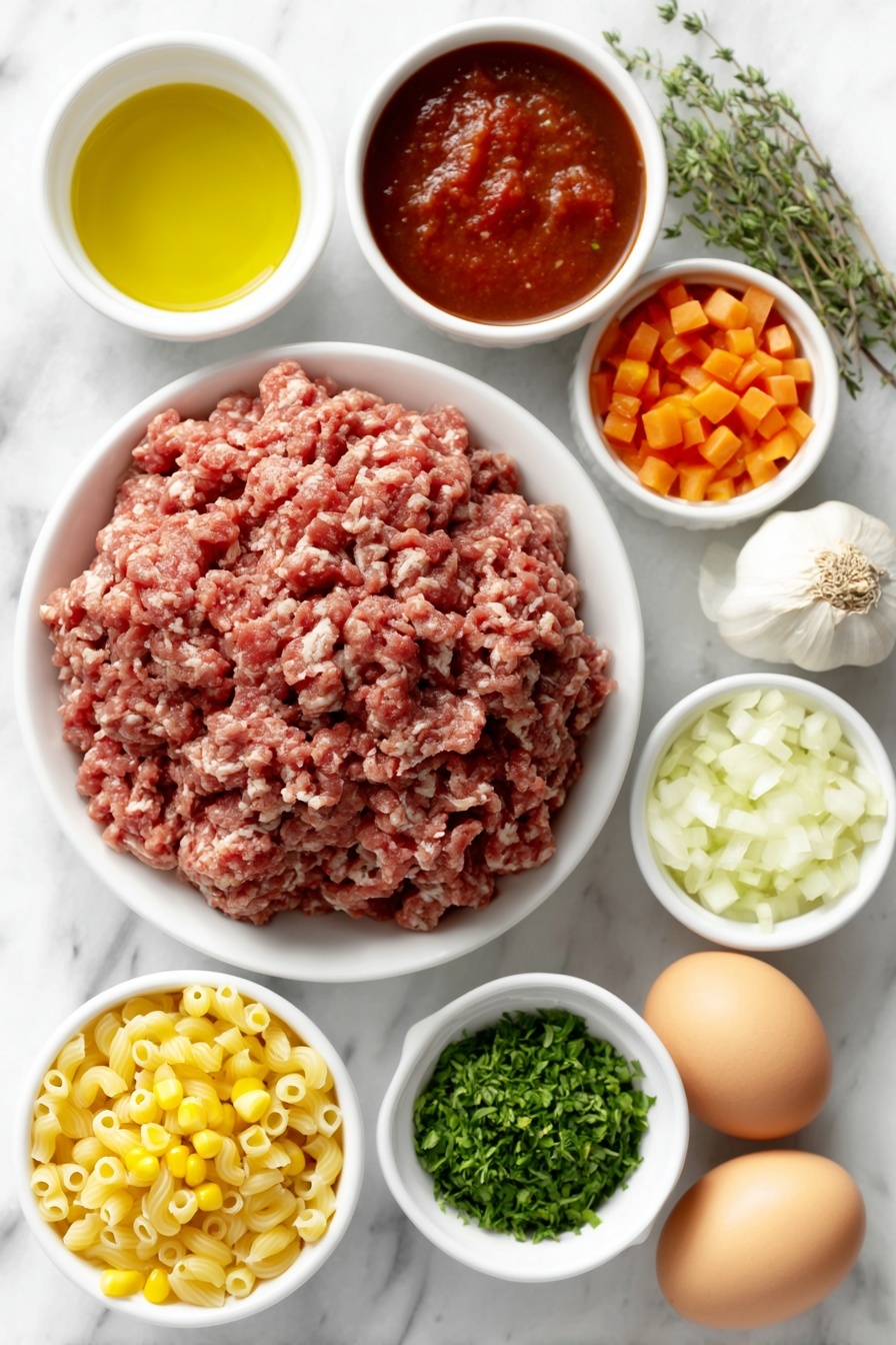 Flat lay of lean ground beef shaped into a neat mound, a small white bowl of golden olive oil, a small white bowl filled with chopped yellow onion pieces, a small white bowl with chopped bright orange carrots, two whole uncracked garlic bulbs, a small white bowl of deep red tomato sauce, a small white bowl of petite diced fresh red tomatoes, a small white bowl of rich dark beef broth, fresh sprigs of marjoram and thyme arranged side by side, two whole fresh bay leaves, small elbow macaroni pasta scattered in a small white bowl, a small white bowl with bright yellow frozen corn kernels, a small handful of fresh chopped green parsley, a small white bowl with finely grated pale parmesan cheese, and two whole brown eggs placed separately, all arranged with perfect symmetry on a simple white ceramic background, placed on a clean white marble surface, soft natural light, photo taken with an iPhone, professional food photography style, fresh ingredients, white ceramic bowls, no bottles, no duplicates, no utensils, no packaging --ar 2:3 --v 7 --p m7354615311229779997 - Hearty Beef Tomato Goulash Soup, beef goulash soup, tomato beef soup, one-pot beef soup, comforting beef soup