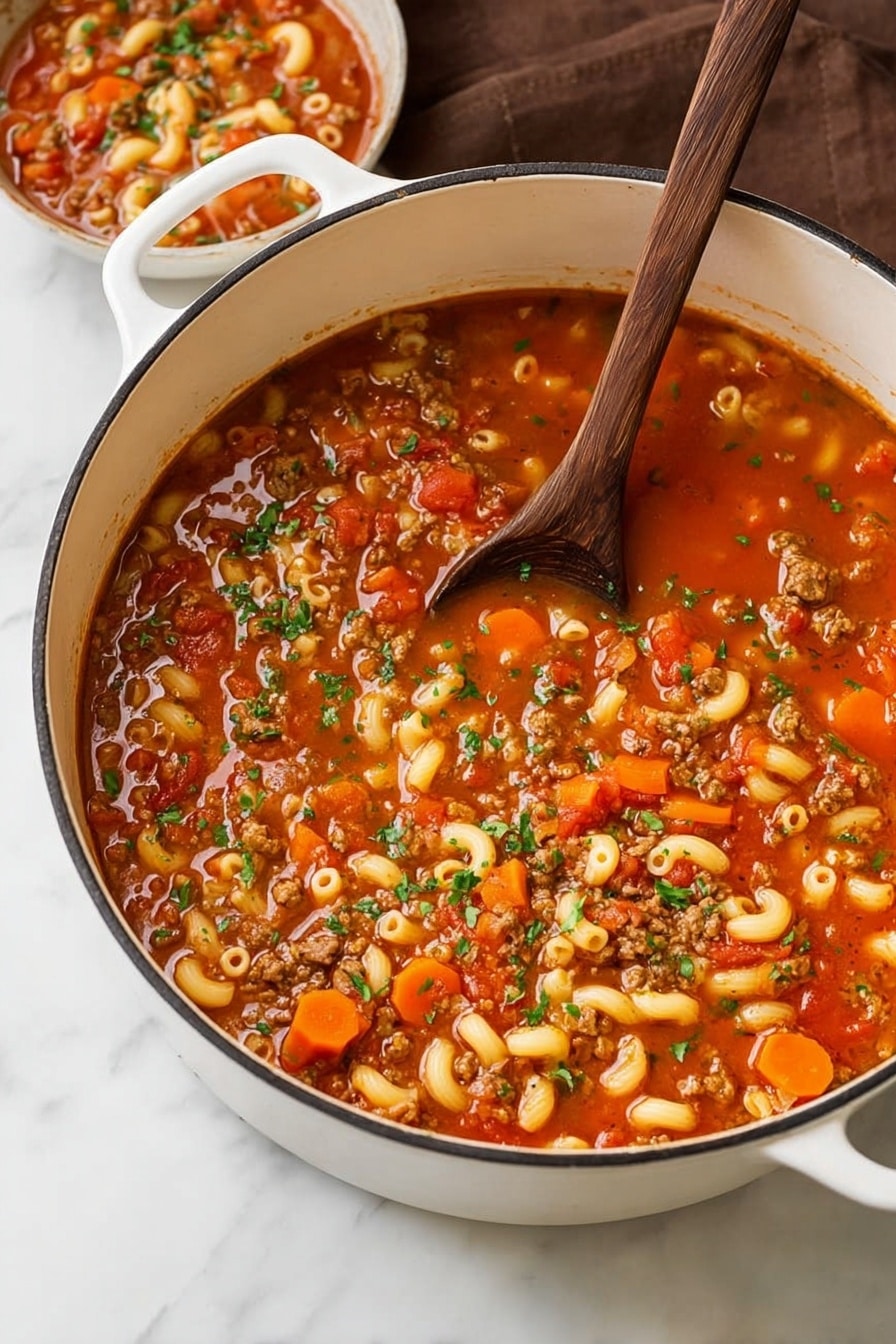 A white bowl filled with three layers of food: the bottom layer is a smooth, tomato-based broth with a reddish-brown color; the middle layer consists of cooked elbow macaroni pasta in a pale yellow shade mixed with small pieces of ground meat in brown; the top layer is sprinkled with fresh green chopped herbs, adding a pop of color. The bowl rests on a white plate and is placed on a white marbled surface with a brown cloth partially around it. A silver spoon is set next to the bowl, and some green parsley and a glass bowl of grated cheese are blurry in the background. Photo taken with an iphone --ar 2:3 --v 7 - Hearty Beef Tomato Goulash Soup, beef goulash soup, tomato beef soup, one-pot beef soup, comforting beef soup
