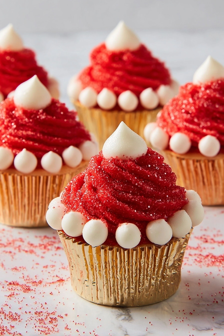 A cupcake is shown being held by a woman's hand with a light pink manicure. The cupcake has a shiny golden wrapper. At the bottom, there is a ring of white frosting shaped like small stars. On top of this, there are four thick layers of bright red frosting covered in red sugar crystals, shaped like a small mountain. At the very top, there is a single dollop of white frosting shaped like a small peak. The background has a white marbled texture. photo taken with an iphone --ar 2:3 --v 7 - Santa Hat Cupcakes with Cream Cheese Frosting, festive cupcake ideas, Christmas cupcake recipes, holiday dessert recipes, cute Christmas cupcakes