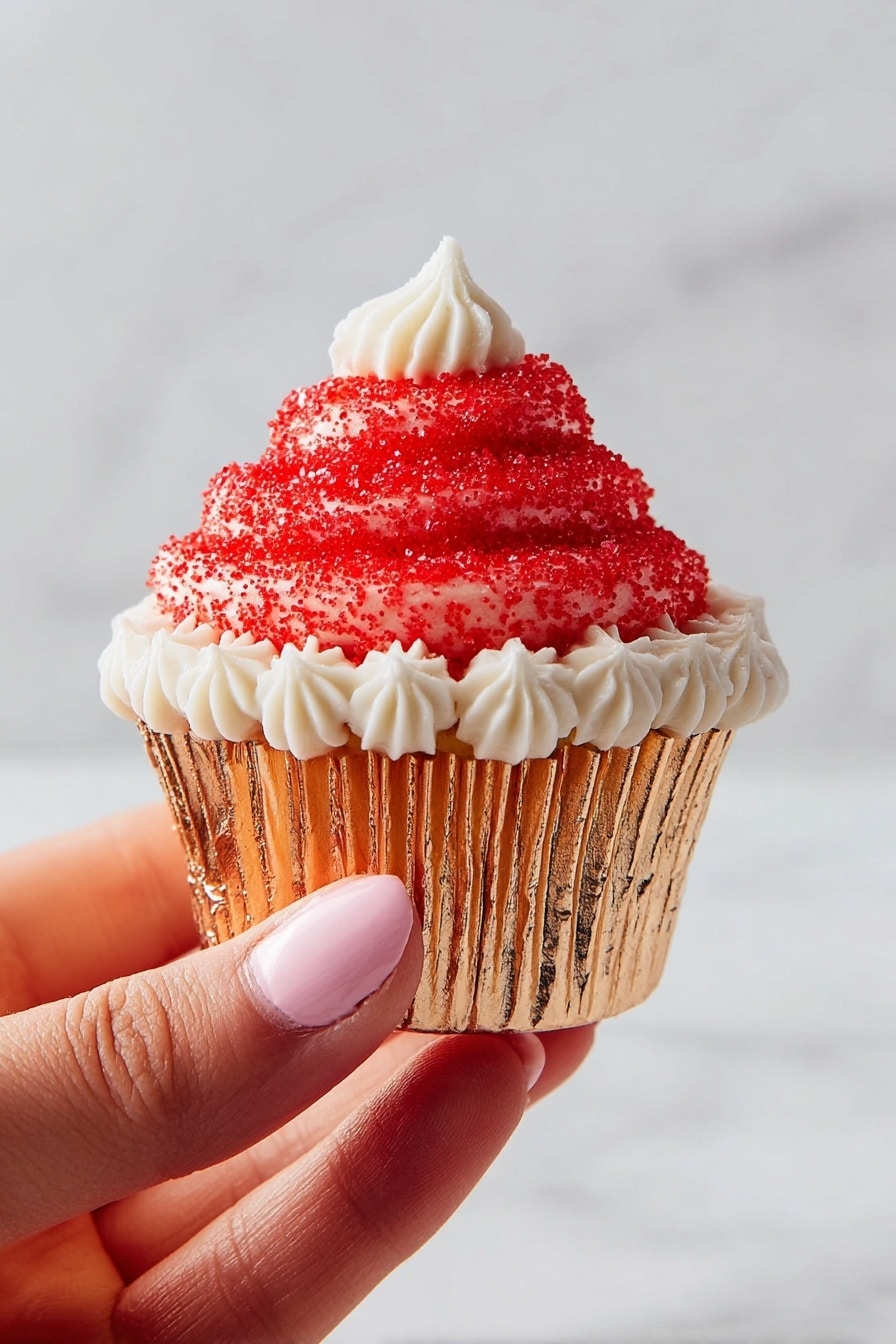 The image shows several cupcakes in shiny gold wrappers set on a white marbled surface, each cupcake having three visual layers of frosting. The bottom layer is small dollops of creamy white frosting around the cupcake's edge, smooth with a slightly swirled texture. Above this is a tall, rounded swirl of bright red frosting with a soft, smooth texture sprinkled with red sugar crystals that shimmer under the light. On top of each cupcake is a tiny dollop of white frosting sharply peaked, contrasting with the red. Red sugar crystals are also scattered on the surface around the cupcakes, adding a festive touch. photo taken with an iphone --ar 2:3 --v 7 - Santa Hat Cupcakes with Cream Cheese Frosting, festive cupcake ideas, Christmas cupcake recipes, holiday dessert recipes, cute Christmas cupcakes