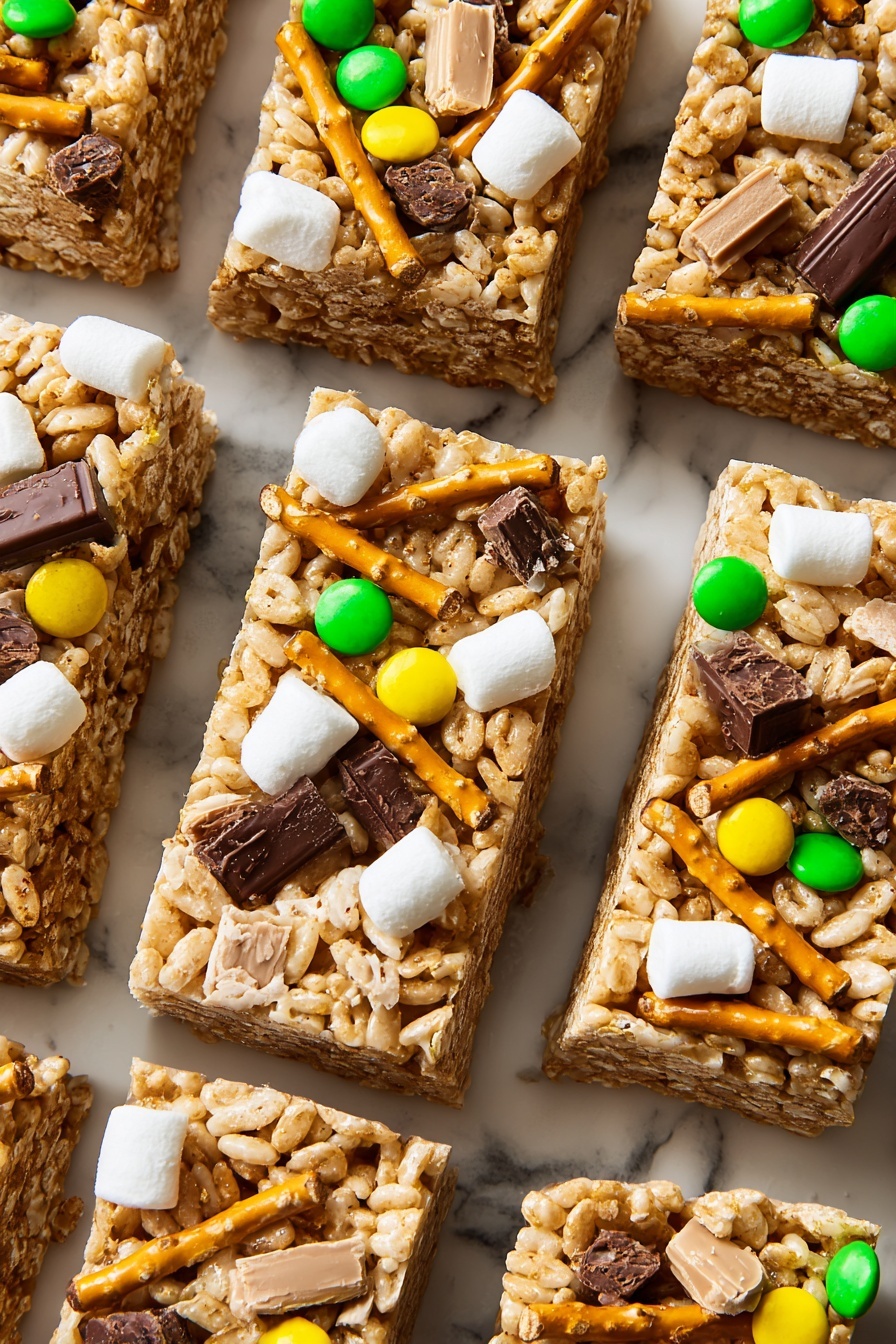 The image shows several rectangular rice cereal treats arranged in rows on a white marbled surface. Each treat has three main layers: a base layer of light golden, crispy rice cereal mixed tightly together; a middle layer with thin, light brown pretzel sticks adding texture throughout; and a top layer covered with small white mini marshmallows, bright green and yellow candy-coated chocolates, dark brown chocolate pieces, and broken chunks of light brown chocolate bars. The colors contrast nicely, with the white marshmallows and colorful candies popping against the golden cereal and pretzels. Photo taken with an iphone --ar 2:3 --v 7 - Elf Rice Krispies Treats with M&Ms and Pop-Tarts, Rice Krispies treats with M&Ms and Pop-Tarts, festive Rice Krispies treats with candy, fun holiday dessert recipes, easy homemade treat ideas