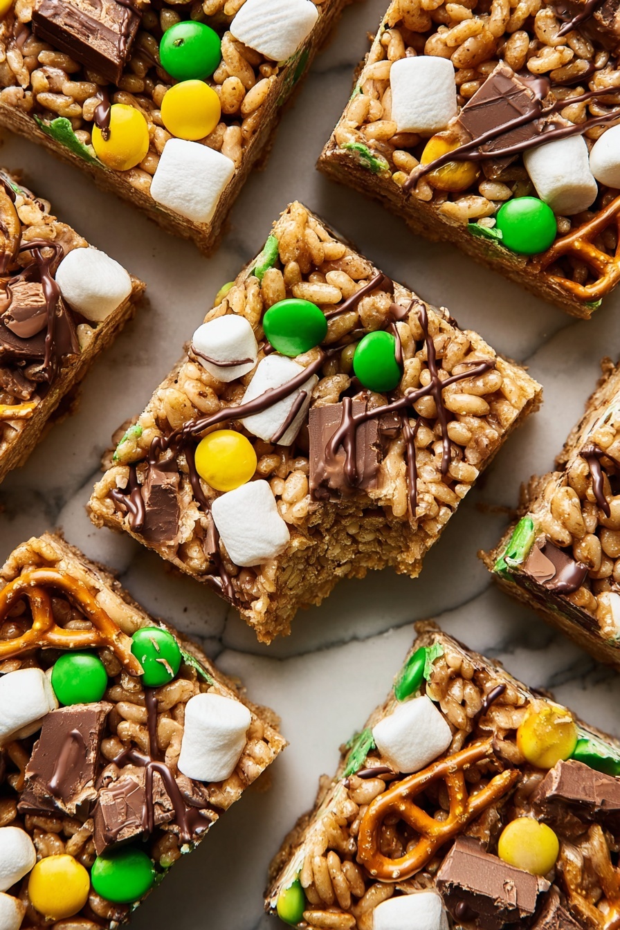 The image shows a group of square cereal bars arranged in rows on a white marbled surface. Each bar has three main layers: the base layer is golden-brown, made of puffed rice cereal tightly packed together; on top of that, there are scattered crunchy pretzel sticks adding a light tan color with a rough texture; and the top layer is decorated with small white marshmallows, bright green and yellow candy-coated chocolates, pieces of broken milk chocolate with light brown cracked surfaces, and thin drizzles of dark chocolate in lines across the bars. One bar near the center has a triangular piece missing, revealing the dense, crispy cereal interior. Photo taken with an iphone --ar 2:3 --v 7 - Elf Rice Krispies Treats with M&Ms and Pop-Tarts, Rice Krispies treats with M&Ms and Pop-Tarts, festive Rice Krispies treats with candy, fun holiday dessert recipes, easy homemade treat ideas