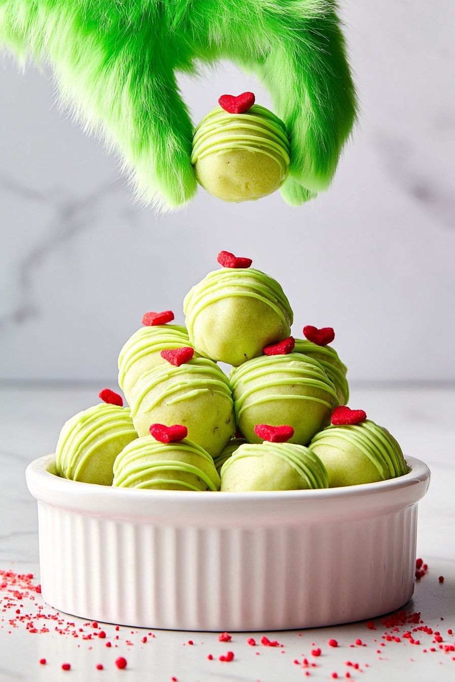 A bright green furry arm holds one round, light green cake ball above a round white ceramic dish filled with many similar cake balls stacked into a small pile, each cake ball covered with light green icing drizzles and topped with a small red heart decoration. The dish sits on a white marbled surface with a few small red heart sprinkles scattered around. The background is simple and light, showing a clean white marbled texture. photo taken with an iphone --ar 2:3 --v 7 - Grinchy Red Velvet Cake Bites, festive holiday treats, Christmas cake bites, green chocolate cake pops, holiday dessert recipes
