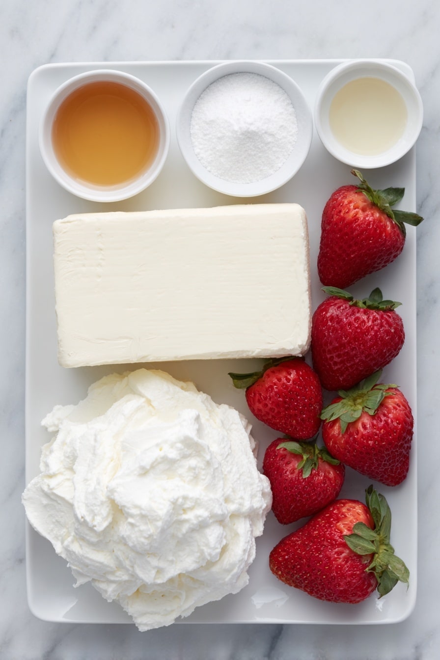 Flat lay of a block of cream cheese with a smooth surface, a small white ceramic bowl filled with fine powdered sugar, a small white bowl containing clear vanilla extract, a small white bowl with almond extract, a mound of fluffy whipped topping, several whole fresh strawberries, and a single Little Debbie Christmas Tree Cake cut in half to show its colorful layers, arranged in perfect symmetry on a clean white ceramic plate, placed on a clean white marble surface, soft natural light, photo taken with an iPhone, professional food photography style, fresh ingredients, white ceramic bowls, no bottles, no duplicates, no utensils, no packaging --ar 2:3 --v 7 --p m7354615311229779997 - Christmas Tree Cake Trifle, festive holiday dessert, easy Christmas trifle, Christmas dessert ideas, Christmas party dessert