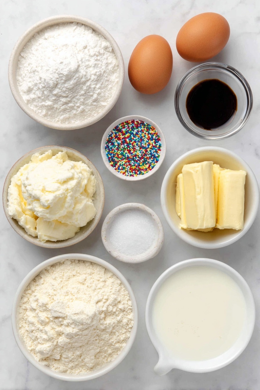 Flat lay of a small mound of pale cake flour, a small white ceramic bowl filled with granulated sugar, a small white bowl holding baking powder, a small white bowl with baking soda, a small pinch of salt in a white ceramic dish, a small white ceramic bowl of creamy buttermilk, a smaller white bowl of fresh milk, a small white bowl with golden vegetable oil, four whole uncracked brown eggs arranged neatly, a small white bowl with clear vanilla extract, a white ceramic bowl of unsalted butter at room temperature, a large white bowl filled with fluffy white powdered sugar, a small white bowl holding creamy milk, a teaspoon of salt in a white ceramic dish, a small white bowl containing green gel food coloring, and a scattering of assorted colorful sprinkles all placed symmetrically on a clean white marble surface, soft natural light, photo taken with an iPhone, professional food photography style, fresh ingredients, white ceramic bowls, no bottles, no duplicates, no utensils, no packaging --ar 2:3 --v 7 --p m7354615311229779997 - Christmas Tree Cupcake, Christmas Tree Cupcake Recipe, holiday cupcake ideas, festive Christmas cupcakes, Christmas baking recipes