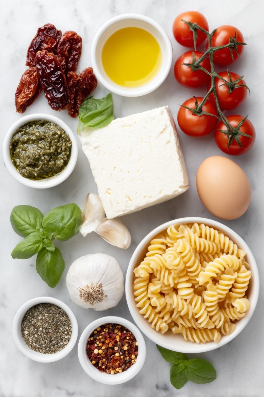 Flat lay of fresh cherry tomatoes still on the vine, a small handful of glossy sun-dried tomatoes, a white ceramic bowl filled with creamy block of French feta cheese, a few whole uncracked brown eggs, a small white bowl of vibrant green basil pesto, two plump garlic cloves with papery skin intact, a small white bowl of golden olive oil, a small white bowl containing mixed dried herbs (oregano, parsley, thyme, and red pepper flakes), several fresh basil leaves grouped elegantly, a small white bowl of uncooked medium fusilli pasta, placed on a clean white marble surface, soft natural light, photo taken with an iPhone, professional food photography style, fresh ingredients, white ceramic bowls, no bottles, no duplicates, no utensils, no packaging --ar 2:3 --v 7 --p m7354615311229779997 - Baked Feta Pasta with Cherry Tomatoes, easy feta pasta recipe, baked pasta with feta and cherry tomatoes, quick tomato feta pasta, simple baked pasta dish