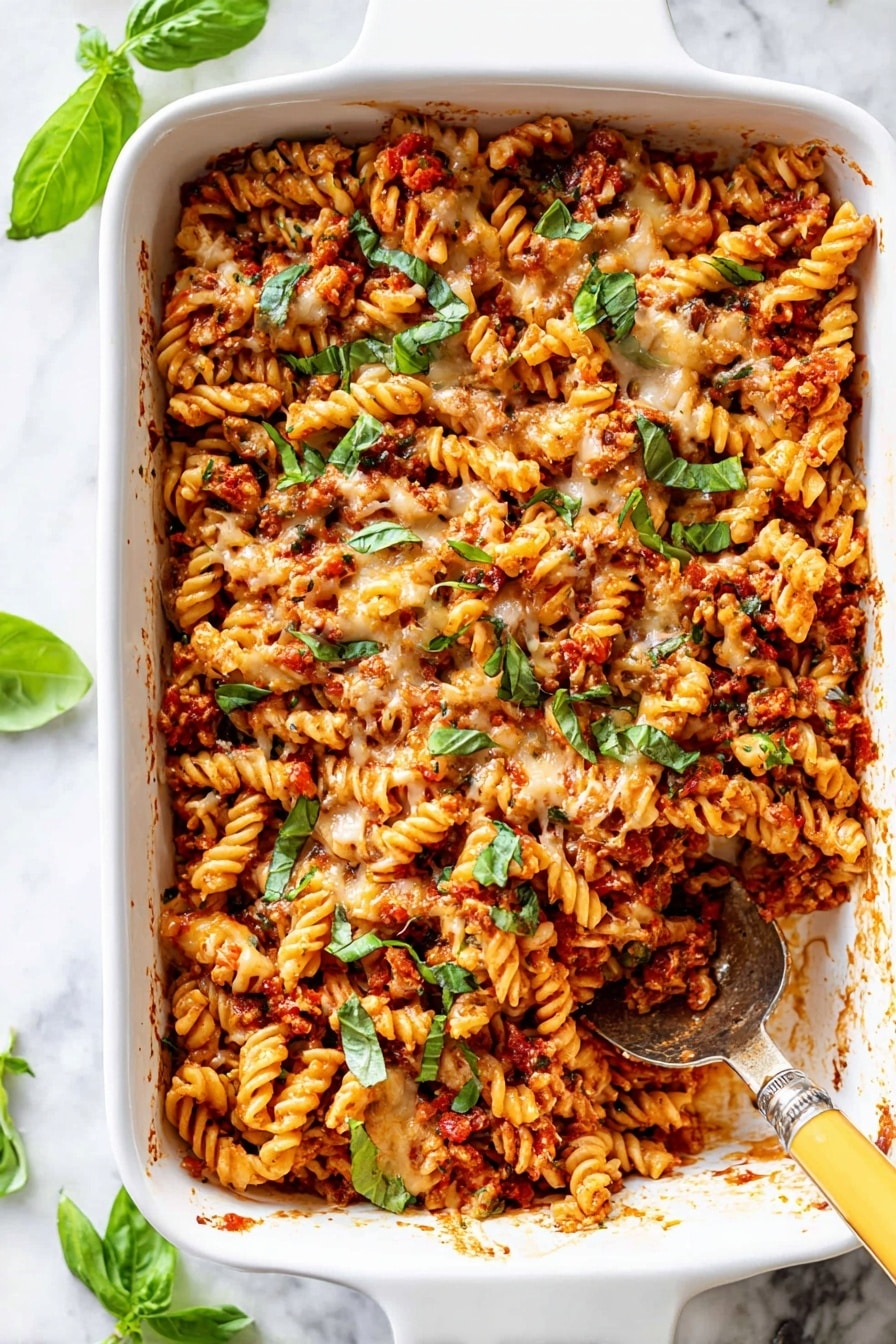 A beige bowl filled with a three-layer mix of twisted pasta that is coated in a chunky red sauce with bits of sun-dried tomatoes and some small red cherry tomatoes, topped with thin strips of fresh green basil leaves that add freshness and color contrast. A silver fork rests inside the bowl on the left side, partially submerged in the pasta, and the bowl sits on a white marbled surface with a few basil leaves scattered around. The overall look is warm and inviting, with the creamy pasta and sauce slightly glossy under natural light. Photo taken with an iphone --ar 2:3 --v 7 - Baked Feta Pasta with Cherry Tomatoes, easy feta pasta recipe, baked pasta with feta and cherry tomatoes, quick tomato feta pasta, simple baked pasta dish