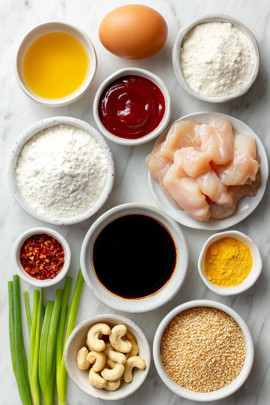 Flat lay of one whole clean uncracked brown egg, a small white ceramic bowl of reduced sodium soy sauce, a small white ceramic bowl with golden honey, a small white ceramic bowl with bright red ketchup, a small white ceramic bowl with dark oyster sauce, a small white ceramic bowl with amber toasted sesame oil, a small white ceramic bowl of Asian chili sauce, a small white ceramic bowl of black vinegar, a small white ceramic bowl of white all purpose flour, a small white ceramic bowl of pale cornstarch, a small white ceramic bowl of reddish chili powder, a small pile of fresh sliced raw chicken thigh strips, a small pile of whole unsalted cashew nuts, a few thinly sliced white onion rings, several thin slices of fresh red bell pepper, a small mound of freshly grated pale yellow ginger, six peeled fresh garlic cloves, a small scattering of toasted sesame seeds, a few fresh bright green onion stalks, arranged with perfect symmetry and balanced proportions, placed on a clean white marble surface, soft natural light, photo taken with an iPhone, professional food photography style, fresh ingredients, white ceramic bowls, no bottles, no duplicates, no utensils, no packaging --ar 2:3 --v 7 --p m7354615311229779997 - Dragon Chicken Stir Fry, spicy chicken stir fry recipe, quick Chinese stir fry, flavorful stir fry dishes, easy chicken stir fry
