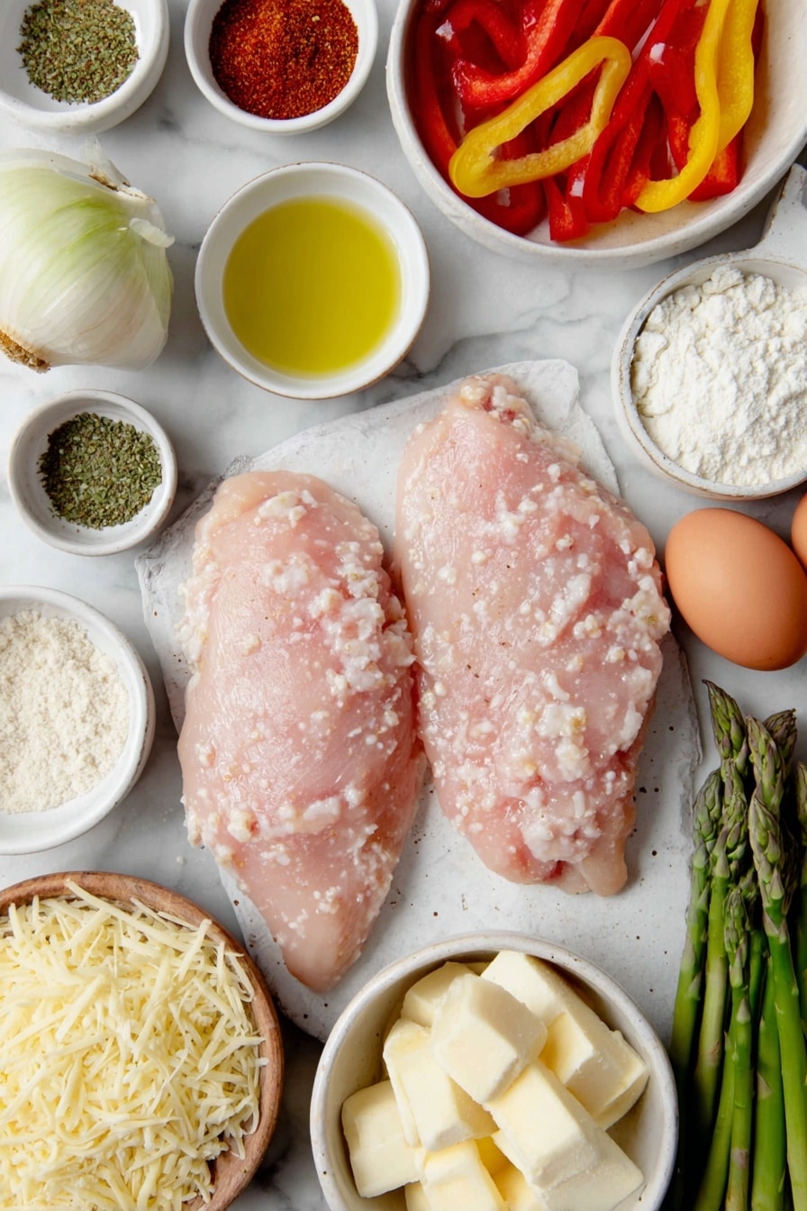 Flat lay of two medium raw chicken breasts cut into bite-sized pieces, a few fresh asparagus stalks chopped into 1-inch pieces, a small bunch of whole fresh garlic cloves, one yellow onion roughly chopped, a white ceramic bowl with thinly sliced red and yellow bell peppers, a small white bowl of chipotle chili powder mixed with ground cumin, smoked paprika, onion powder, garlic powder, salt, and black pepper, a few whole brown eggs with clean shells, a small white bowl of golden honey, a small white bowl of fresh lime juice, a small white bowl of olive oil, a small white bowl of unsalted butter cubes, a small white bowl of all-purpose flour, a small white bowl of low sodium chicken broth, a small white bowl of half and half, a small white bowl of dried oregano, a small white bowl of granulated chicken bouillon, a small white bowl of freshly shredded sharp cheddar cheese, a small white bowl of freshly grated Parmesan cheese, a small white bowl of frozen petite peas, and one cup of dry penne pasta, placed on a clean white marble surface, soft natural light, photo taken with an iPhone, professional food photography style, fresh ingredients, white ceramic bowls, no bottles, no duplicates, no utensils, no packaging --ar 2:3 --v 7 --p m7354615311229779997 - Spicy Chicken Chipotle Pasta, spicy chicken pasta dish, smoky chipotle pasta, creamy chipotle chicken recipe, easy spicy pasta idea