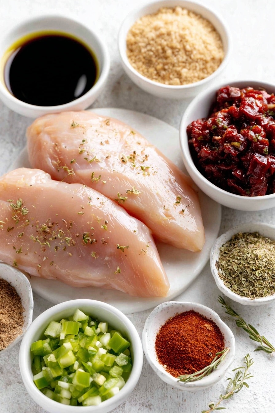 Flat lay of two plump raw chicken breasts, a small white bowl of golden olive oil, a small white bowl filled with chunky mild red salsa, a neat pile of light brown granulated brown sugar, a small white bowl containing bright green diced fresh chilies, a small white bowl with vibrant red fire roasted diced tomatoes, a small mound of deep red chili powder, small white bowls each holding pale beige ground cumin, off-white garlic powder, light tan onion powder, muted reddish-brown smoked paprika, fresh greenish dry oregano leaves, and dark cracked black pepper, a small white bowl with rich dark brown liquid smoke, all arranged with perfect symmetry on a simple white ceramic surface, placed on a clean white marble surface, soft natural light, photo taken with an iPhone, professional food photography style, fresh ingredients, white ceramic bowls, no bottles, no duplicates, no utensils, no packaging --ar 2:3 --v 7 --p m7354615311229779997 - Slow Cooker Mexican Chicken, Mexican Chicken Recipe, Easy Slow Cooker Chicken, Flavorful Mexican Chicken Dish, Chicken Slow Cooker Meals