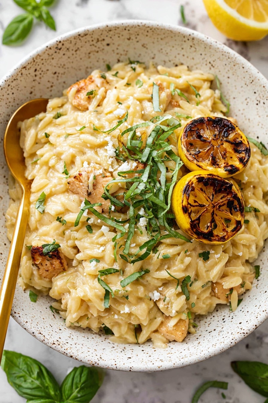 A close-up view of a white bowl filled with creamy, light golden orzo pasta mixed with small bits of vegetables and herbs. The orzo has a smooth and slightly shiny texture, coated in a thick sauce. Small pieces of chopped fresh green herbs and white cheese crumbles are scattered on top, adding a contrast of color. A charred lemon slice with dark grill marks sits on the side, partially visible in the bowl. The bowl is set on a white marbled surface. photo taken with an iphone --ar 2:3 --v 7 - Lemon Chicken Orzo Skillet, lemon chicken skillet, lemon chicken dinner, one-pan lemon chicken, citrus chicken orzo