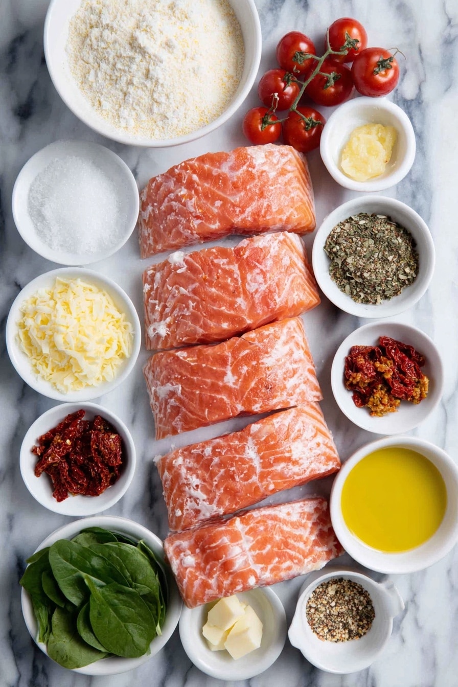 Flat lay of skinless salmon fillets with fresh pink flesh, a small white ceramic bowl of pale all-purpose flour, small white bowls each filled with fine salt, garlic powder, onion powder, black pepper, and paprika powders, a small white bowl of golden olive oil, unsalted butter in a small white bowl, a small white bowl with vibrant red sun-dried tomato oil, halved bright red cherry tomatoes in a small white bowl, roughly chopped deep red sun-dried tomatoes on a white ceramic plate, a small white bowl with a peeled shallot, whole cloves of garlic, a small white bowl with red pepper flakes, a small white bowl of golden low sodium chicken broth, a small white bowl with white cornstarch powder, a small white bowl of creamy heavy cream, small white bowls of dried parsley, dried basil, and dried oregano, a small white plate with finely grated fresh Parmesan cheese, and fresh green baby spinach leaves arranged neatly on a simple white ceramic plate, placed on a clean white marble surface, soft natural light, photo taken with an iPhone, professional food photography style, fresh ingredients, white ceramic bowls, no bottles, no duplicates, no utensils, no packaging --ar 2:3 --v 7 --p m7354615311229779997 - Creamy Tuscan Salmon, creamy salmon dinner, Tuscan salmon recipe, easy salmon recipes, rich seafood dishes