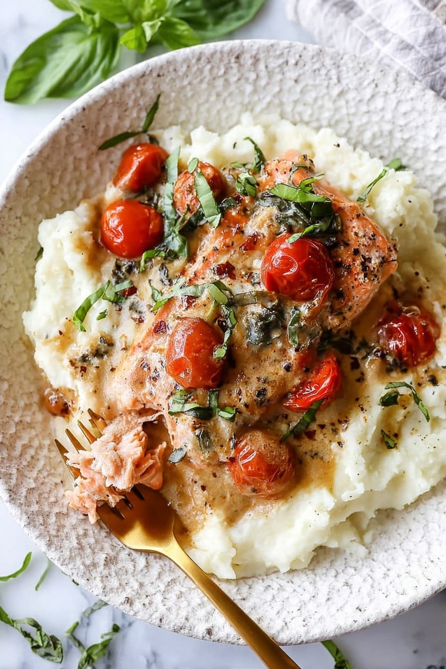 The dish is served on a white textured plate. The bottom layer is smooth and creamy mashed potatoes, mostly white with some areas showing a light, fluffy texture. On top of the mashed potatoes, there is a rich, thick sauce that covers a piece of cooked meat. The sauce has a light brown color with visible green herbs and small, bright red cherry tomatoes scattered around. The meat underneath is a cooked shade of brown with some darker seared spots and flakes visible where the fork touches it. Fresh small green basil and parsley leaves are placed on top, along with a sprinkle of ground black pepper. A gold fork is placed on the plate touching the meat and sauce. The background is a white marbled surface with some green herb leaves scattered around. photo taken with an iphone --ar 2:3 --v 7 - Creamy Tuscan Salmon, creamy salmon dinner, Tuscan salmon recipe, easy salmon recipes, rich seafood dishes