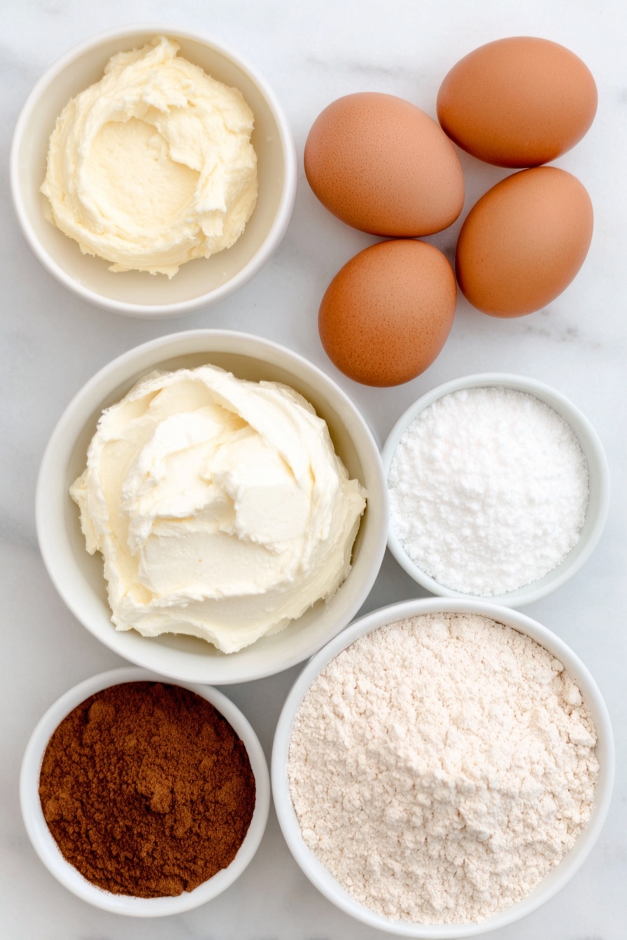 Flat lay of a small mound of golden pumpkin puree, two large brown eggs with smooth uncracked shells, a single large white egg with an uncracked shell, a small white ceramic bowl filled with melted unsalted butter glistening softly, a small white ceramic bowl holding creamy white softened cream cheese, a small white ceramic bowl with fine white confectioners’ sugar, a small white ceramic bowl containing warm brown pumpkin pie spice powder, a neat pile of light brown spice cake mix flour, and a small white ceramic bowl with clear pure vanilla extract liquid, all arranged in perfect symmetry on a clean white marble surface, soft natural light, photo taken with an iPhone, professional food photography style, fresh ingredients, white ceramic bowls, no bottles, no duplicates, no utensils, no packaging --ar 2:3 --v 7 --p m7354615311229779997 - Pumpkin Spice Gooey Bars, pumpkin spice dessert, fall bar recipes, easy pumpkin bars, gooey fall treats