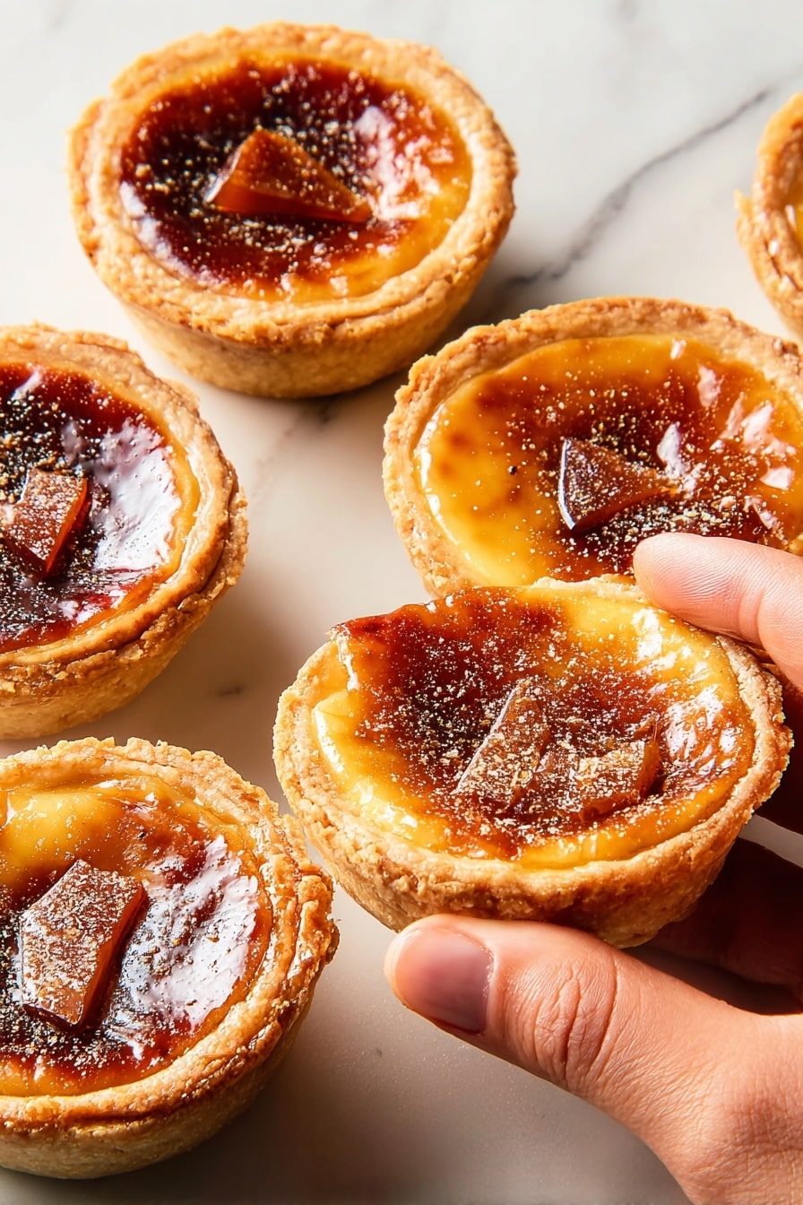 The image shows nine small round tarts on a white marbled surface, each tart has a golden-brown crust that is thick and slightly flaky. The top layer of each tart is a smooth, shiny caramelized brown surface with a few darker spots, and some have thin shards of clear caramelized sugar placed in the center. The tarts are evenly spaced in a loose grid, and a few small crumbs and broken pieces of caramelized sugar are scattered nearby. photo taken with an iphone --ar 2:3 --v 7 - Mini Pumpkin Crème Brûlée Pies, pumpkin crème brûlée desserts, fall pumpkin pie treats, handheld pumpkin pies, easy pumpkin dessert recipes