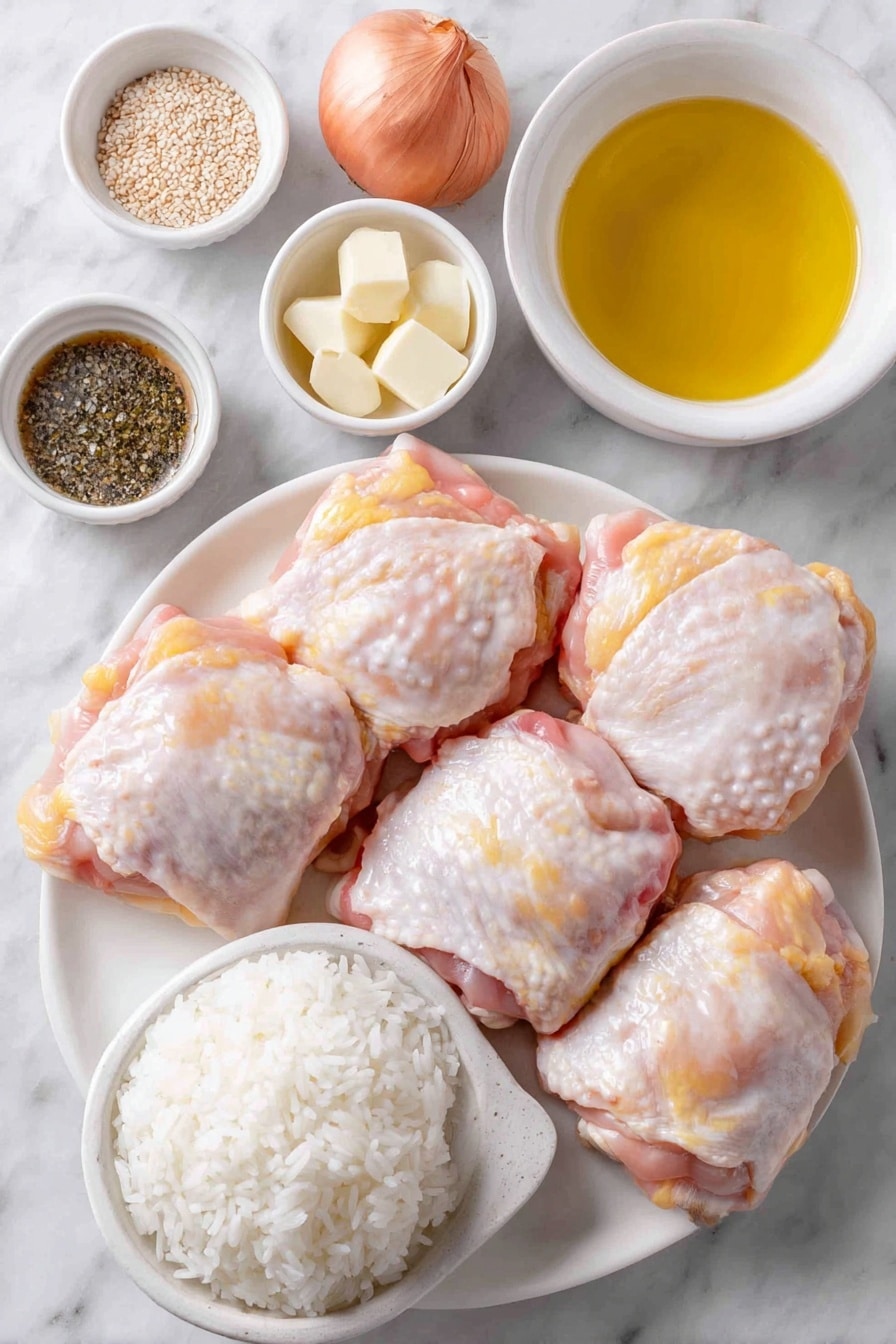 Flat lay of bone-in, skin-on chicken thighs with golden skin, a few small shallots peeled and halved, a fresh ginger piece peeled and grated, several garlic cloves grated, a small white bowl of clear sake or dry white wine, a small white bowl of water, a small white bowl with dark soy sauce, a small white bowl of granulated sugar, a small white bowl of toasted sesame oil, a small white bowl of vegetable oil, a small white bowl with toasted sesame seeds, a few thinly sliced green scallions, and a simple mound of cooked white rice on a white ceramic plate, arranged symmetrically with balanced proportions placed on a clean white marble surface, soft natural light, photo taken with an iPhone, professional food photography style, fresh ingredients, white ceramic bowls, no bottles, no duplicates, no utensils, no packaging --ar 2:3 --v 7 --p m7354615311229779997 - Braised Chicken Thighs with Soy Sauce and Ginger, Asian chicken recipes, flavorful chicken dinner ideas, easy braised chicken recipes, comforting poultry dishes