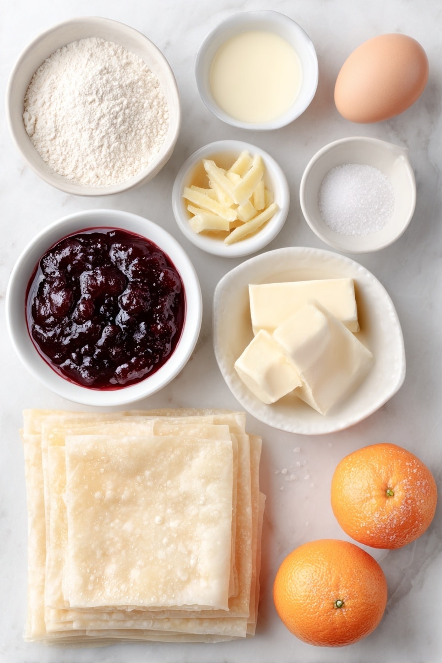 Flat lay of a stack of several thin, crisp pale golden phyllo dough sheets arranged neatly, a small white bowl filled with glossy deep red cranberry sauce, two whole large eggs with smooth clean shells, a small white bowl of melted golden butter, a small white bowl of whole milk, a few thin bright orange strips of fresh orange peel, three whole fresh oranges with vibrant orange skin, a small white bowl holding granulated white sugar crystals, a small white bowl of clear water, and a small white bowl of coarse kosher salt placed in perfect symmetry and realistic proportions on a clean white marble surface, soft natural light, photo taken with an iPhone, professional food photography style, fresh ingredients, white ceramic bowls, no bottles, no duplicates, no utensils, no packaging --ar 2:3 --v 7 --p m7354615311229779997 - Cranberry Phyllo Tart with Orange Custard, festive cranberry tart, orange custard dessert, flaky phyllo tart, holiday fruit tart