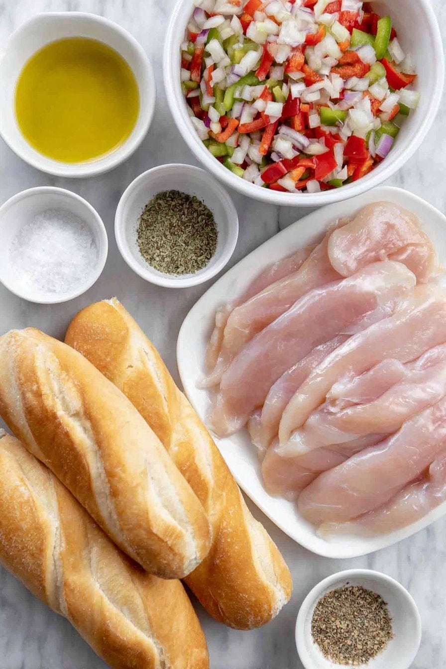 Flat lay of a small white bowl with golden extra-virgin olive oil, a large white ceramic bowl filled with chopped red and green bell peppers and chopped onions, a small white bowl of coarse kosher salt, a small white bowl of freshly ground black pepper, thinly sliced raw chicken breasts arranged neatly on a simple white plate, a small white bowl containing mixed Italian seasoning herbs, six slices of provolone cheese stacked slightly overlapping on a plain white plate, and four fresh hoagie rolls with golden crusts arranged symmetrically, all placed on a clean white marble surface, soft natural light, photo taken with an iPhone, professional food photography style, fresh ingredients, white ceramic bowls, no bottles, no duplicates, no utensils, no packaging --ar 2:3 --v 7 --p m7354615311229779997 - Chicken Cheesesteak Sandwiches, easy chicken sandwiches, quick dinner ideas, flavorful sandwich recipes, cheesy chicken sandwiches