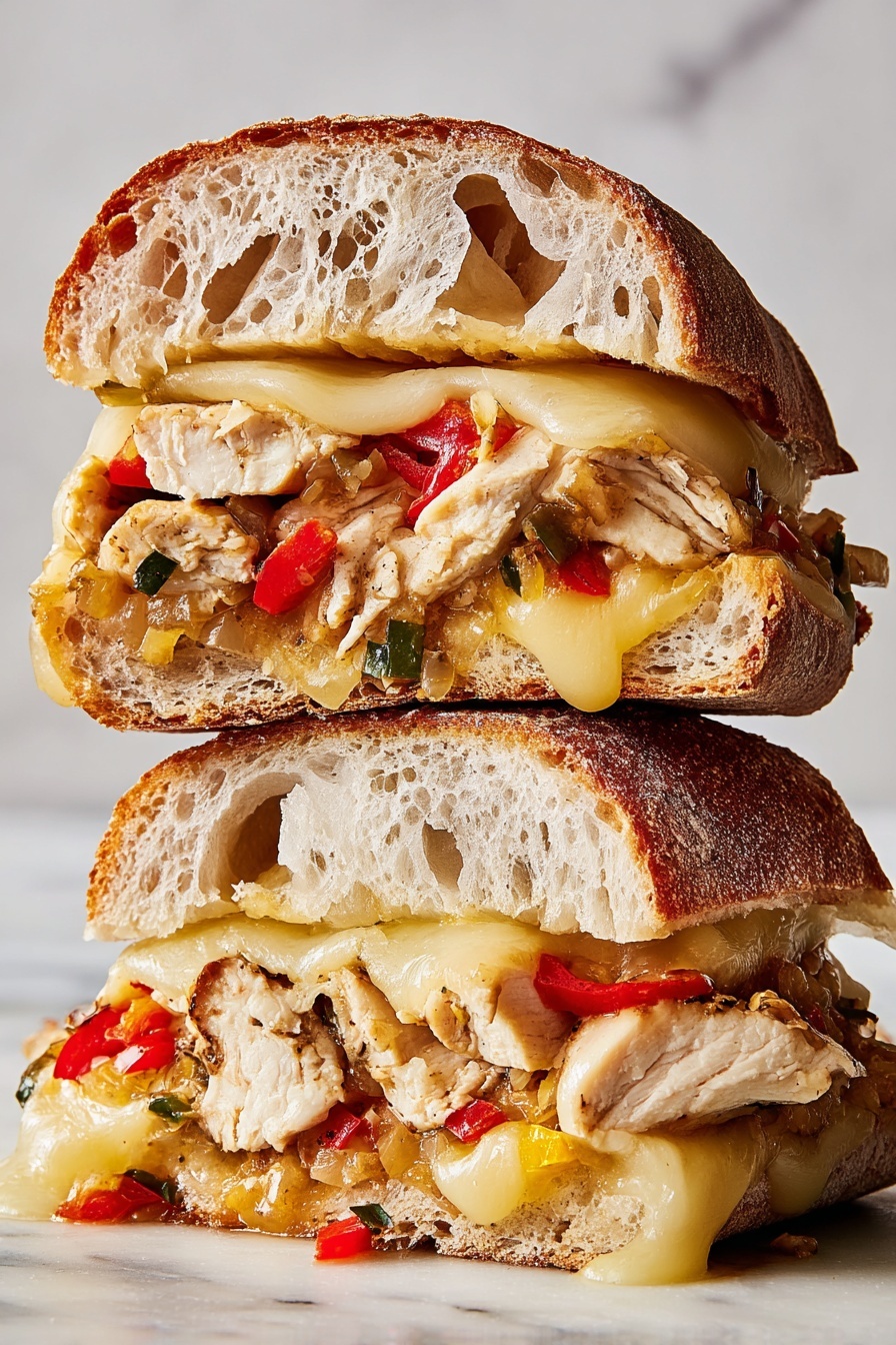 Two open sandwiches on a white marbled surface, each with a bottom layer of crusty, golden-brown baguette. On top of the bread, there is melted pale yellow cheese that looks soft and slightly shiny. Above the cheese, there are strips of cooked light brown chicken with visible grill marks. Scattered around and on top of the chicken are small pieces of red, green, and orange bell peppers mixed with translucent cooked onions, adding bright spots of color. The sandwiches are arranged side by side showing the layers clearly. photo taken with an iphone --ar 2:3 --v 7 - Chicken Cheesesteak Sandwiches, easy chicken sandwiches, quick dinner ideas, flavorful sandwich recipes, cheesy chicken sandwiches