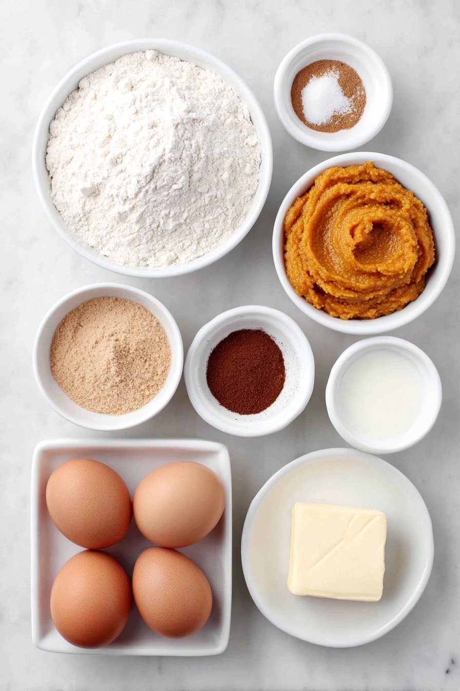 Flat lay of a small mound of all-purpose flour, a small white bowl of light brown sugar, a small white bowl of kosher salt, a small white bowl of ground cinnamon, a small white bowl of ground nutmeg, a small white bowl of ground ginger, a small white bowl of milk, a small white bowl of bright orange pumpkin puree, two large whole uncracked brown eggs, a small white bowl of clear vanilla extract, and a small square of fresh butter, all arranged in perfect symmetry on a simple white ceramic surface, placed on a clean white marble surface, soft natural light, photo taken with an iPhone, professional food photography style, fresh ingredients, white ceramic bowls, no bottles, no duplicates, no utensils, no packaging --ar 2:3 --v 7 --p m7354615311229779997 - Pumpkin Pancakes, Pumpkin Pancakes Recipe, Fluffy Pumpkin Pancakes, Fall Breakfast Ideas, Pumpkin and Spice Breakfast