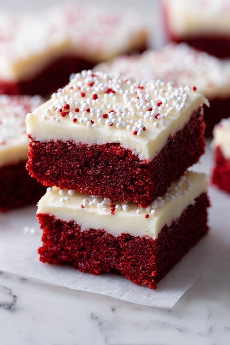 The image shows several square red velvet cake pieces arranged closely on a white marbled surface. Each piece has two clear layers: a thick, rich dark red bottom layer with a soft, moist texture, and a top layer of creamy white frosting with a smooth, slightly swirled surface. The frosting is decorated with small white round sprinkles spread evenly across all the cake pieces. The close-up view highlights the contrast between the deep red cake and the bright white frosting. photo taken with an iphone --ar 2:3 --v 7 - Red Velvet Cookie Bars with Cream Cheese Frosting, easy red velvet dessert, no-bake cookie bars, cream cheese frosting cookies, festive red velvet treats