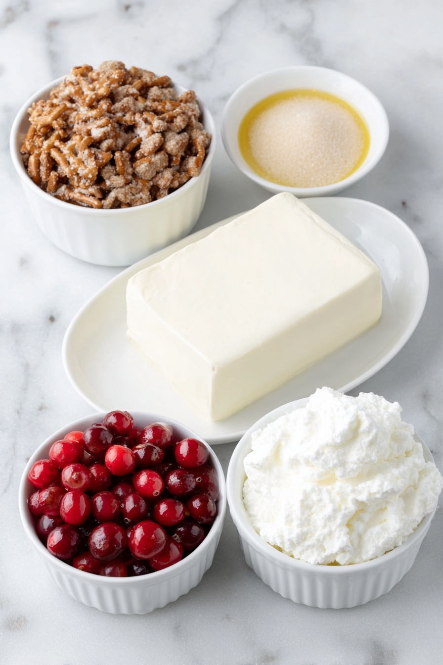 Flat lay of a small pile of crushed pretzels, a small white bowl of golden melted butter, a small white bowl with light brown granulated sugar, a small white bowl filled with bright red whole berry cranberry sauce showing whole cranberries, an unboxed opened raspberry gelatin powder in vivid ruby red powder form in a small white bowl, a block of fresh cream cheese with smooth texture on a white ceramic plate, a small white bowl of fluffy whipped topping, a small white bowl of white granulated sugar placed symmetrically on a clean white marble surface, soft natural light, photo taken with an iPhone, professional food photography style, fresh ingredients, white ceramic bowls, no bottles, no duplicates, no utensils, no packaging --ar 2:3 --v 7 --p m7354615311229779997 - Cranberry Pretzel Salad, easy cranberry pretzel salad, holiday pretzel dessert, layered cranberry salad, salty sweet pretzel salad