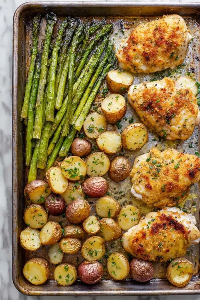 Crispy Parmesan Garlic Chicken sheet pan recipe