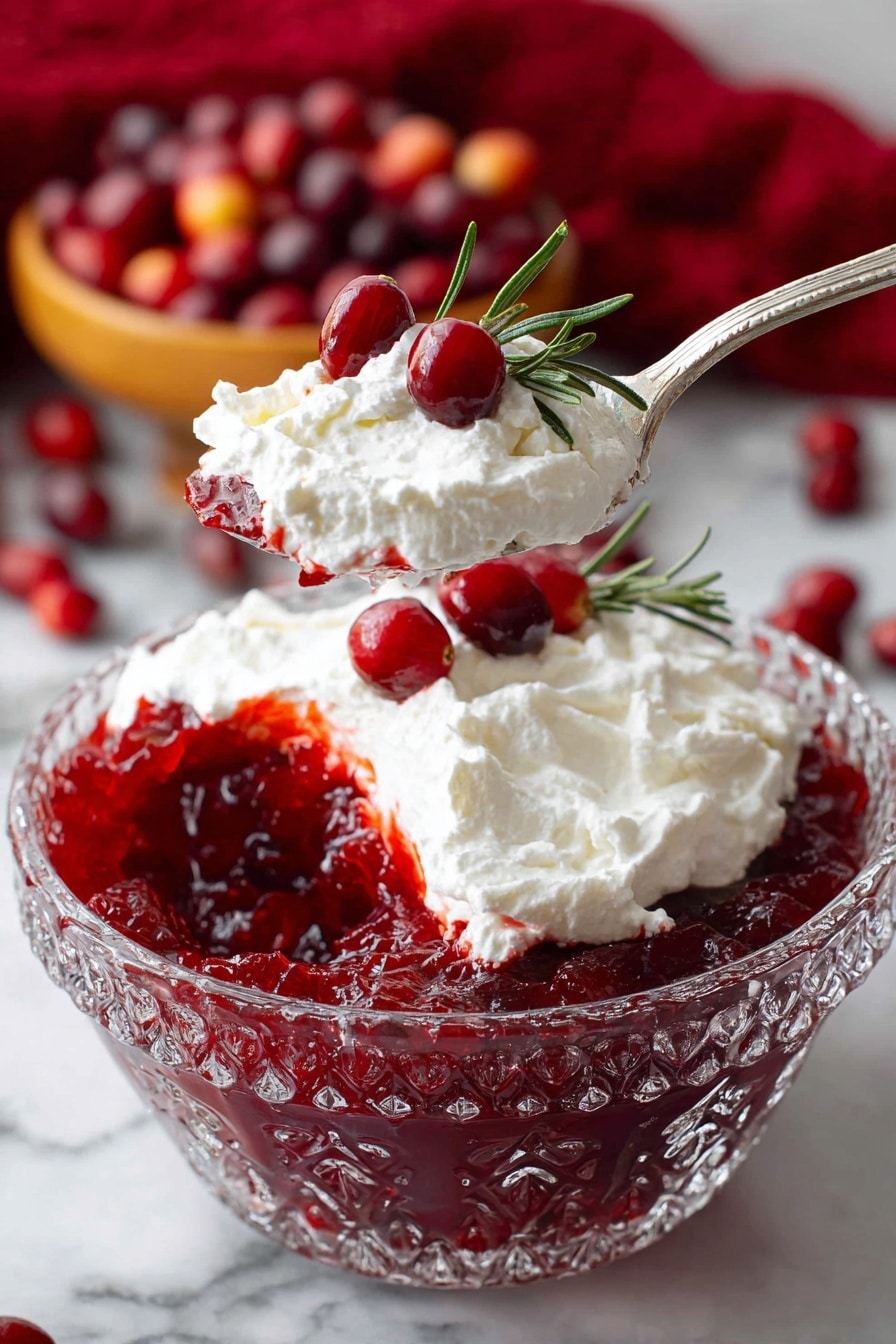 A clear glass bowl filled with one thick, smooth layer of bright red cranberry sauce with bits of fruit texture. On top, there is a dollop of white whipped cream, soft and fluffy, garnished with five fresh cranberries and a small green sprig, arranged at the center. The bowl is placed on a white marbled surface with a silver spoon resting inside the bowl on the right. Around the bowl, there are scattered fresh cranberries, a few orange slices at the bottom right, some green rosemary sprigs at the top right, and a bowl of cranberries at the top left. A rust-colored cloth with frayed edges is partially visible on the left side. Photo taken with an iphone --ar 2:3 --v 7 - Cranberry Jello Salad, Cranberry Jello Salad recipe, Easy Cranberry Jello Salad, Holiday Cranberry Salad, Fruit Jello Salad