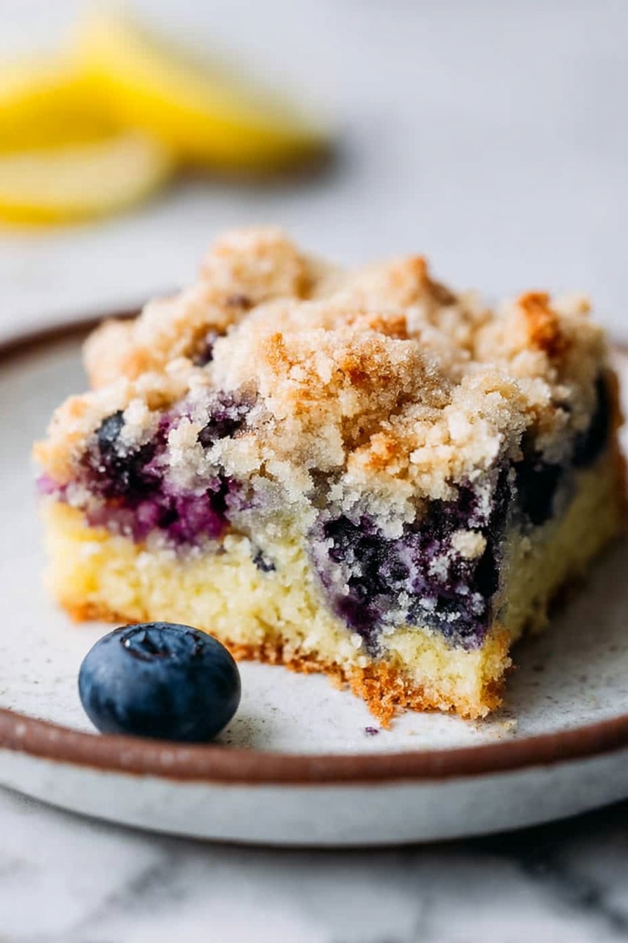 A single square piece of blueberry crumb cake sits near the center of a white plate with a brown rim, placed on a white marbled surface. The crumb cake has two visible layers: a moist light yellow cake base with mixed dark purple blueberries inside, and a thick crumbly topping in a golden-brown color with loose sugar crumbs, giving it a crunchy texture. A fresh whole blueberry is positioned next to the crumb cake on the plate, and a couple of small lemon wedges are blurred in the background near the edge of the plate. The photo taken with an iphone --ar 2:3 --v 7 - Blueberry Buttermilk Breakfast Cake, blueberry breakfast cake, citrus blueberry cake, blueberry brunch dessert, moisture blueberry baked goods