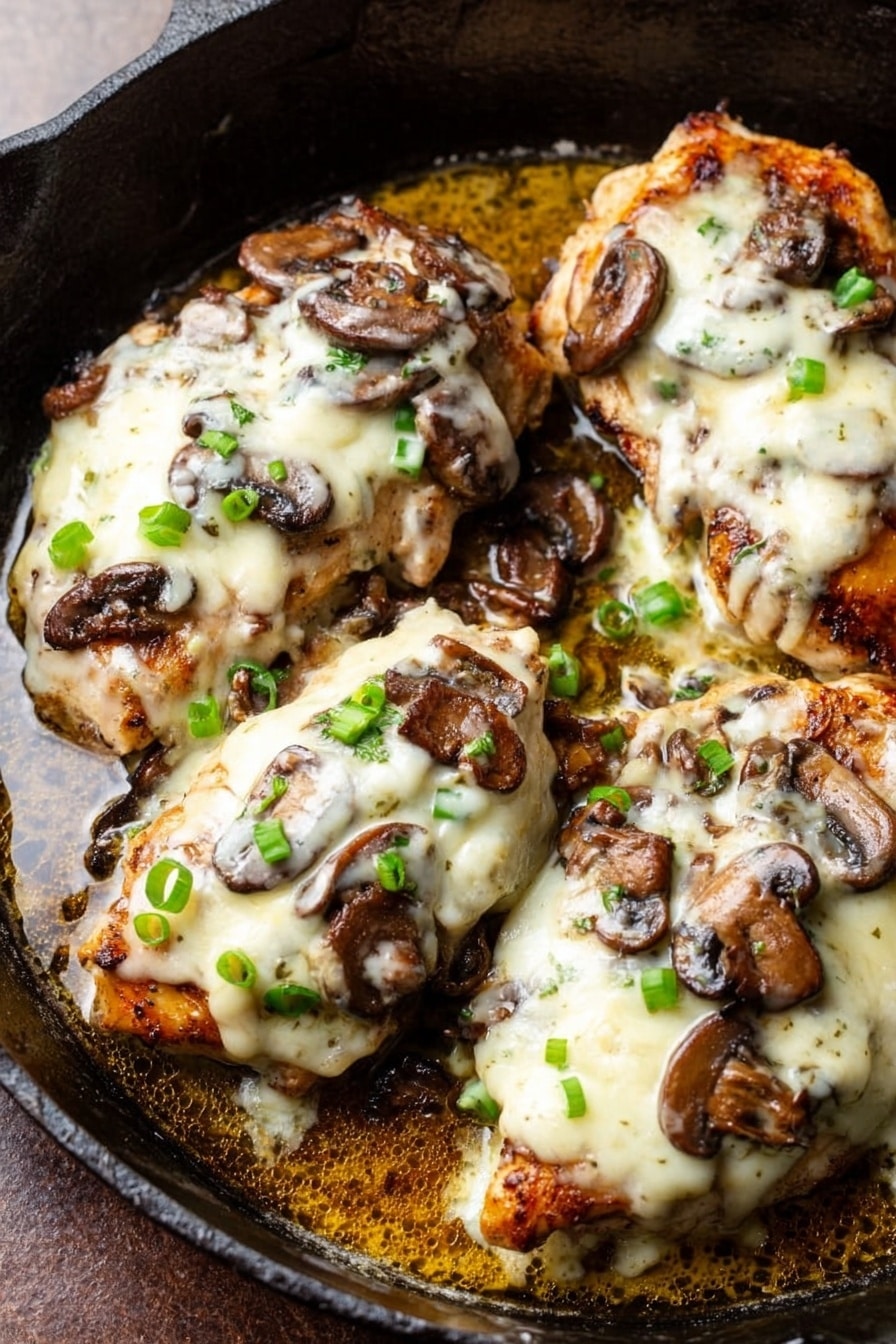 The image shows a black cast iron skillet filled with four cooked pieces of chicken topped with melted white cheese and browned sliced mushrooms. The chicken is golden brown with melted cheese covering most of its surface. Small green onion pieces are sprinkled on top, adding a pop of bright green color. The skillet contains some golden cooking juices bubbling around the edges of the chicken, creating a rich, moist appearance. The close-up shot highlights the soft, creamy texture of the melted cheese combined with the tender mushrooms on top. Photo taken with an iphone --ar 2:3 --v 7 - Chicken Marsala with Mushrooms, Chicken Marsala recipe, easy Chicken Marsala, quick Mushroom Marsala, weeknight Chicken Marsala dinner