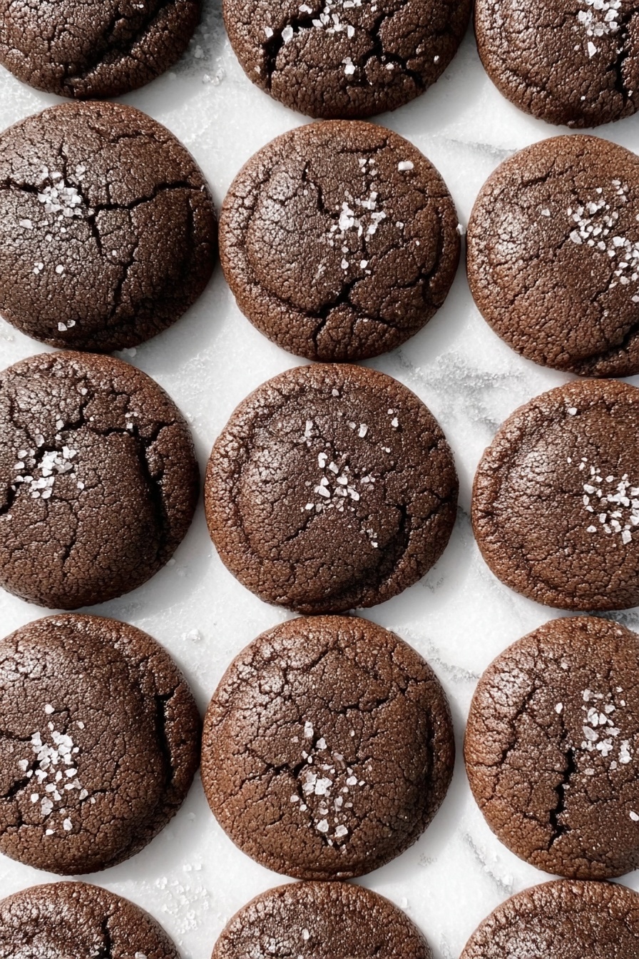 A single round dark brown cookie with a rough, cracked surface covered in coarse sugar crystals sits on a white marbled texture. One small bite is taken out of it from the right side, revealing a soft, slightly melted middle layer of lighter brown chocolate inside. Small crumbs are scattered around the cookie on the textured white surface. Photo taken with an iphone --ar 2:3 --v 7 - Chocolate Rolo Cookies, Rolo stuffed cookies, Caramel-filled chocolate cookies, Easy chocolate caramel cookies, Soft gooey cookie recipes