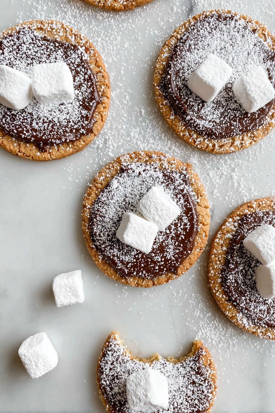 The image shows a close-up of five round cookie bases with uneven edges, each topped with a thick, smooth layer of dark brown chocolate spread that covers most of the cookie surface, leaving a golden-brown crust visible around the edges. On top of each chocolate layer, two small white powdered sugar-coated marshmallow cubes are placed in the center, with extra powdered sugar dusted over the entire cookie, giving a snowy effect. One cookie has a bite taken out of it, revealing the soft chocolate layer beneath. Several extra marshmallow cubes are scattered on a white marbled surface around the cookies. Photo taken with an iphone --ar 2:3 --v 7 - Peanut Butter Puppy Chow Cookies, peanut butter cookies with cereal crunch, chocolate peanut butter cookie recipe, easy peanut butter cookies, homemade puppy chow cookies