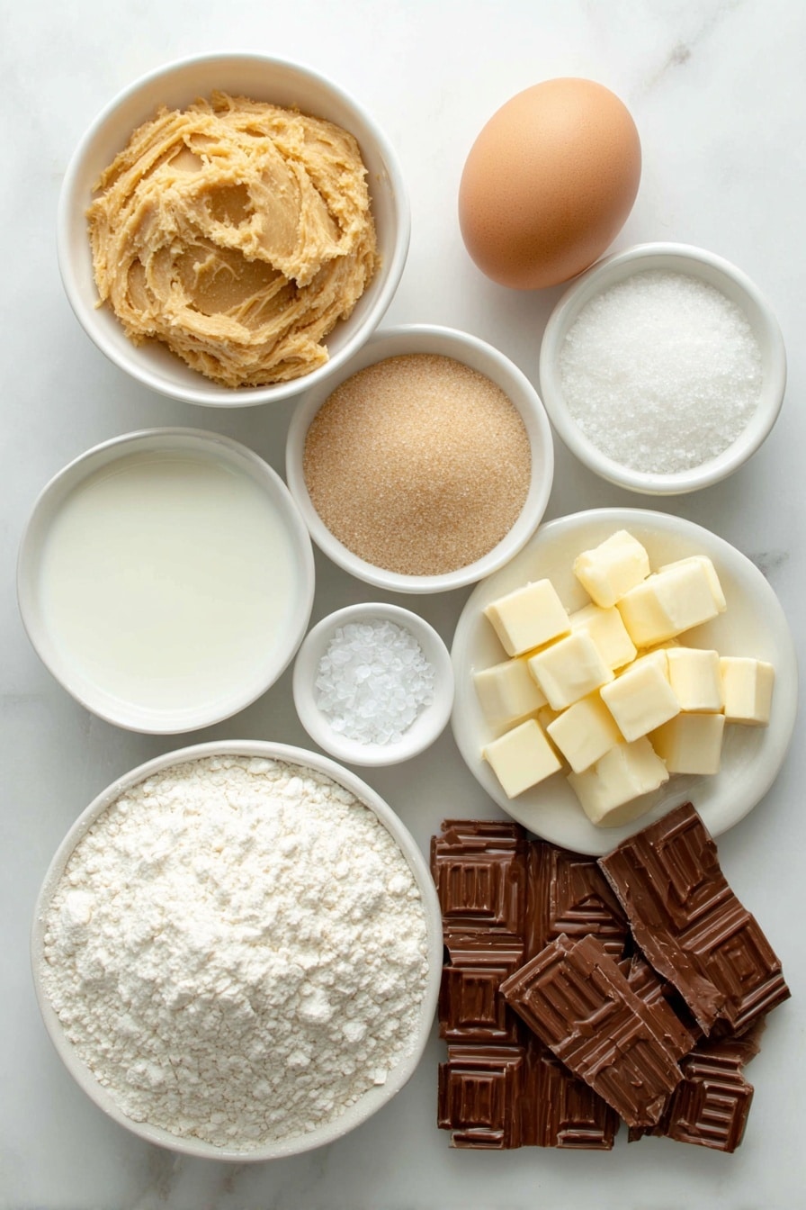 Flat lay of a small mound of creamy peanut butter, a small white bowl filled with solid white shortening, a pile of light brown sugar, a pile of white granulated sugar, one large whole brown egg with clean shell, a small white bowl of milk, a small white bowl of clear vanilla extract, a small pile of pale beige all-purpose flour, a small white bowl of baking soda powder, a small white bowl of fine salt, a small white bowl of flaked sea salt, and several unwrapped Hershey’s Kisses chocolates arranged neatly, all placed on a clean white marble surface, soft natural light, photo taken with an iPhone, professional food photography style, fresh ingredients, white ceramic bowls, no bottles, no duplicates, no utensils, no packaging --ar 2:3 --v 7 --p m7354615311229779997 - Peanut Butter Blossom Cookies, peanut butter cookies with Hershey's kisses, classic chocolate peanut butter cookies, easy peanut butter cookies, melt-in-your-mouth peanut butter cookies
